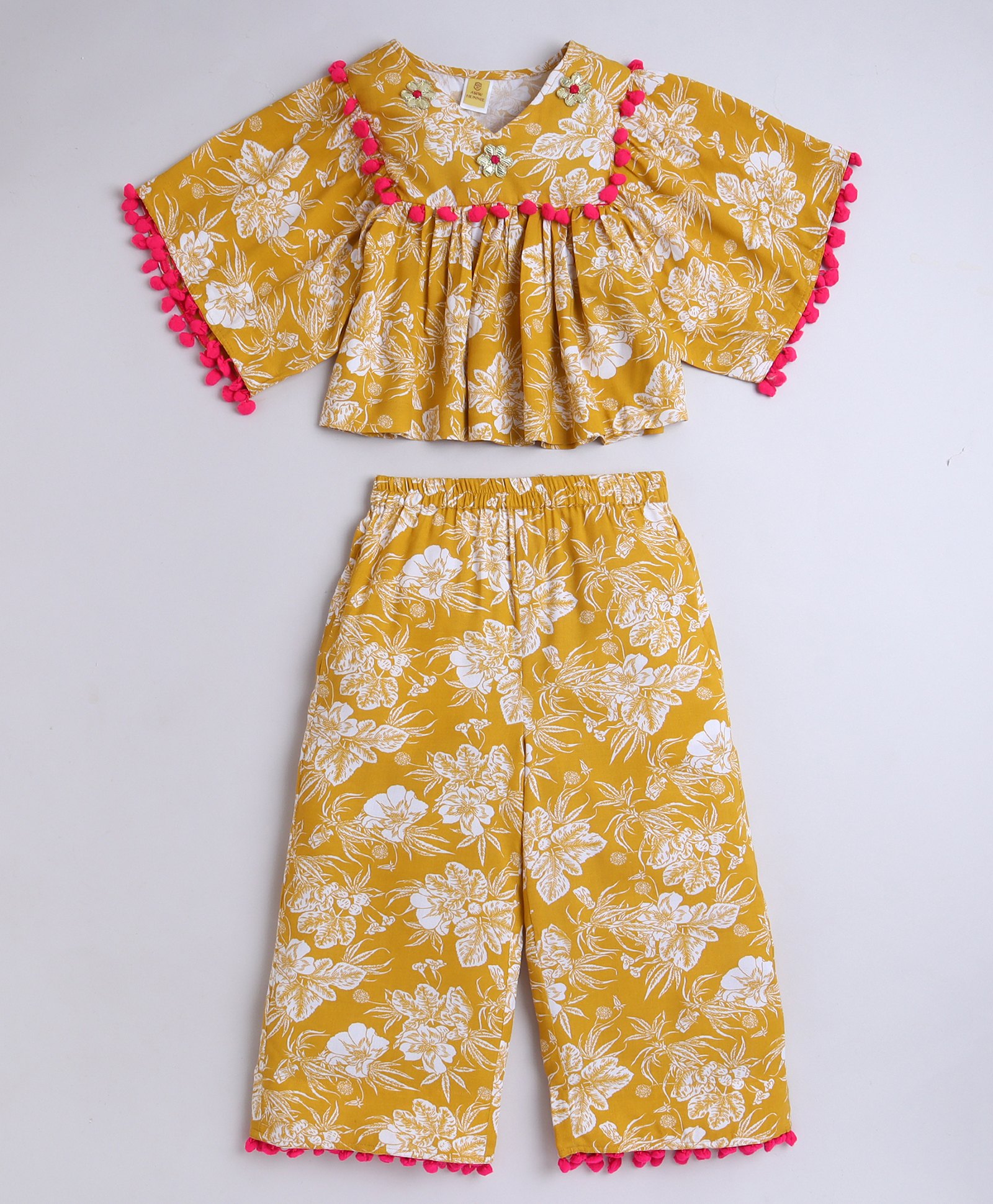Aww Hunnie Cotton Rayon Woven Half Sleeves Floral Printed Ethnic Top & Coordinating Palazzo Set - Mustard-picture-14