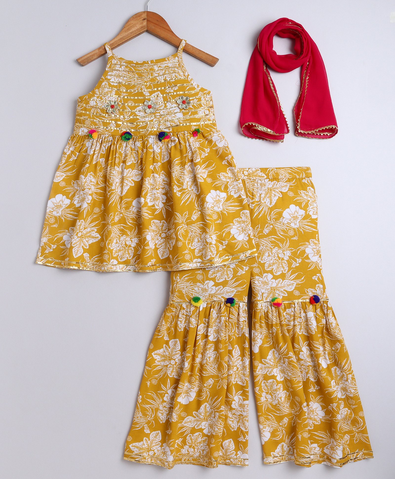 Aww Hunnie Cotton Rayon Woven Sleeveless Floral Printed Gota Lace Embellished Kurti & Sharara With Dupatta Set - Mustard-picture-24