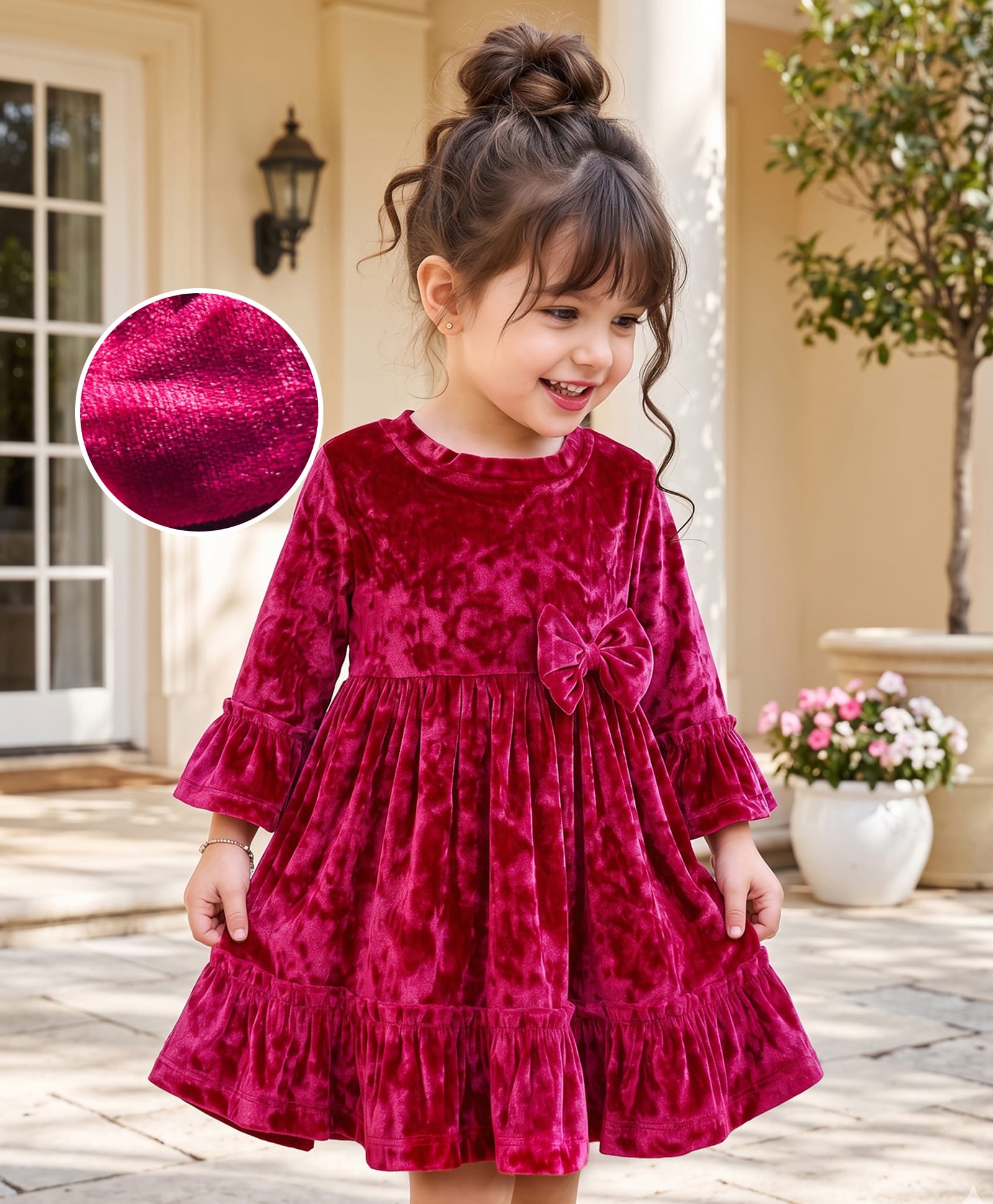 Mark & Mia Woven Full Sleeves Solid Party Dress With Bow Applique - Maroon-picture-19