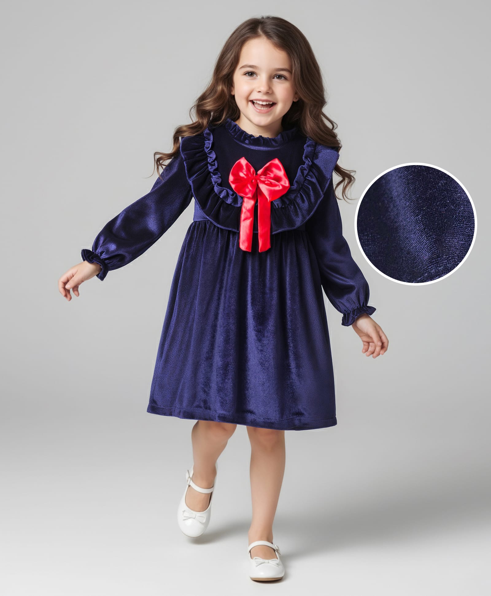 Mark & Mia Woven Full Sleeves Dress with Lace Detailing & Bow Applique - Navy Blue-image-17