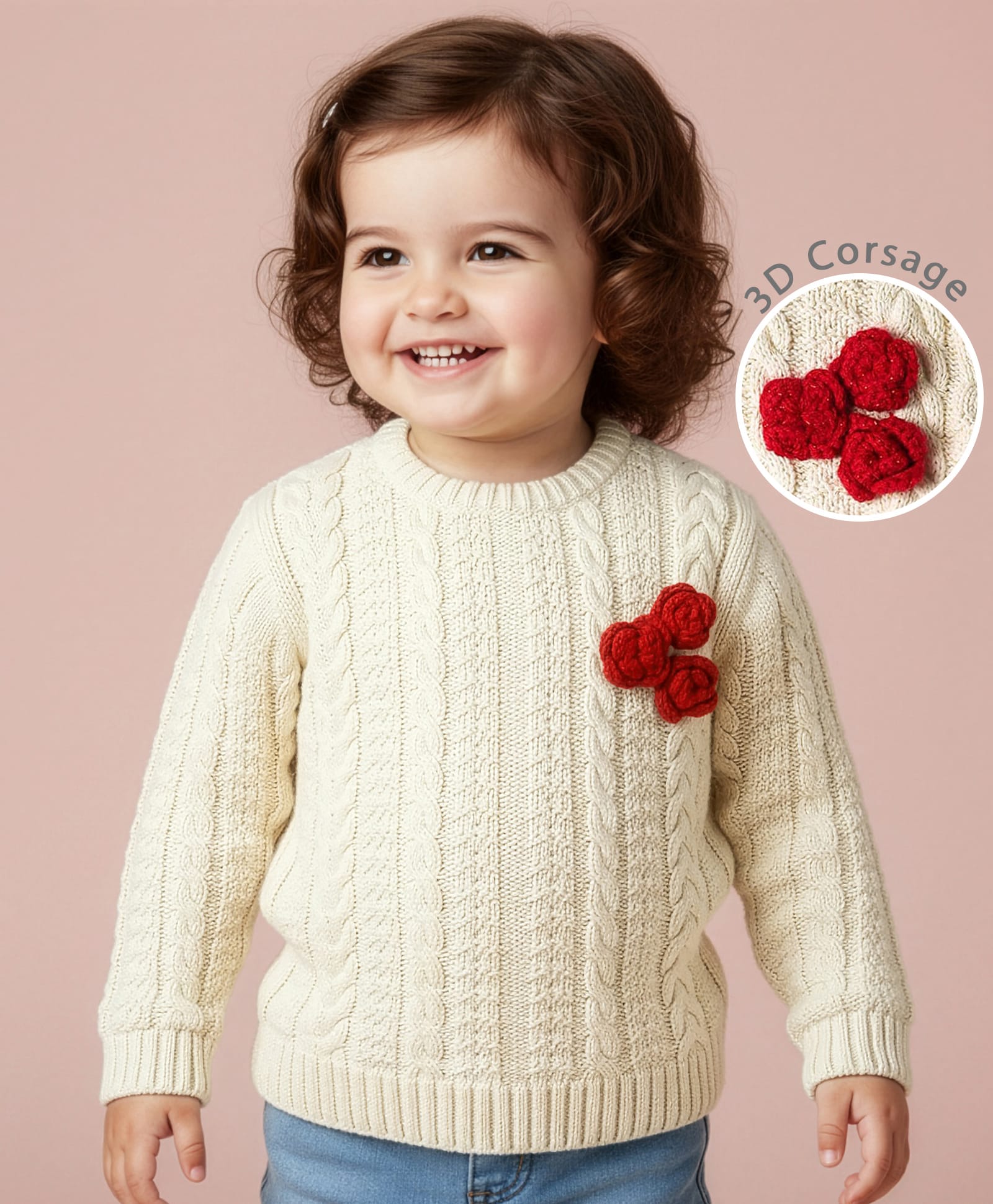 Babyoye Cotton Lurex Knit Full Sleeves Pullovers Sweater with Cable Knit Design & Crochet Flower - White-picture-25