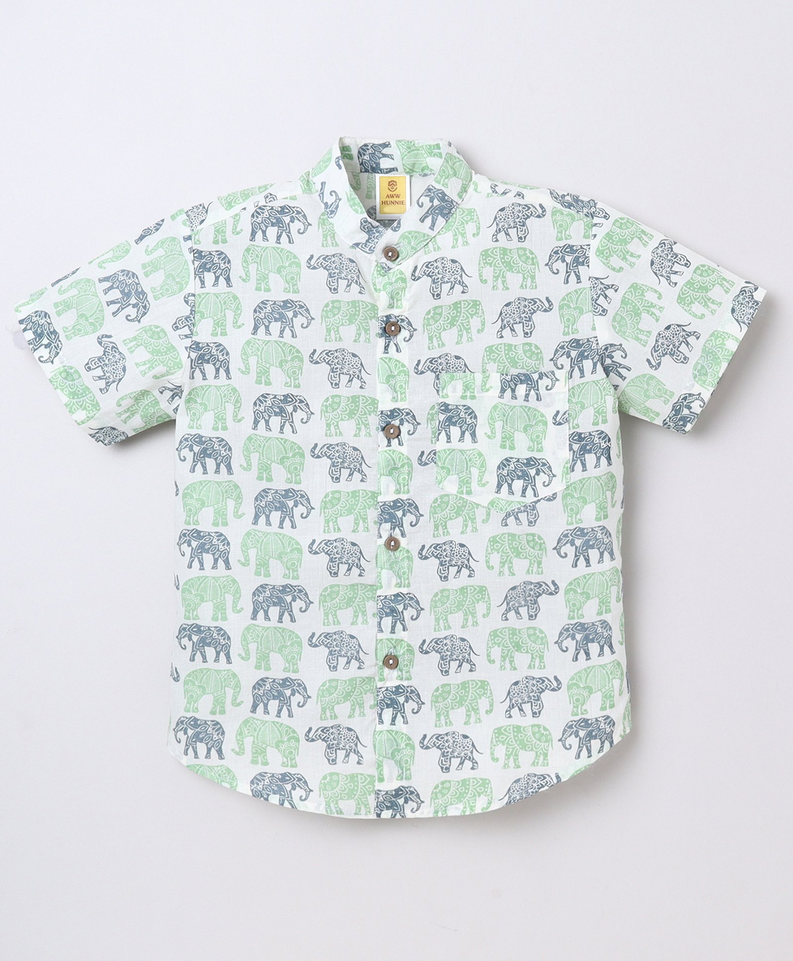 Aww Hunnie Cambric Woven Half Sleeves Elephants Printed Shirt - Green-picture-25