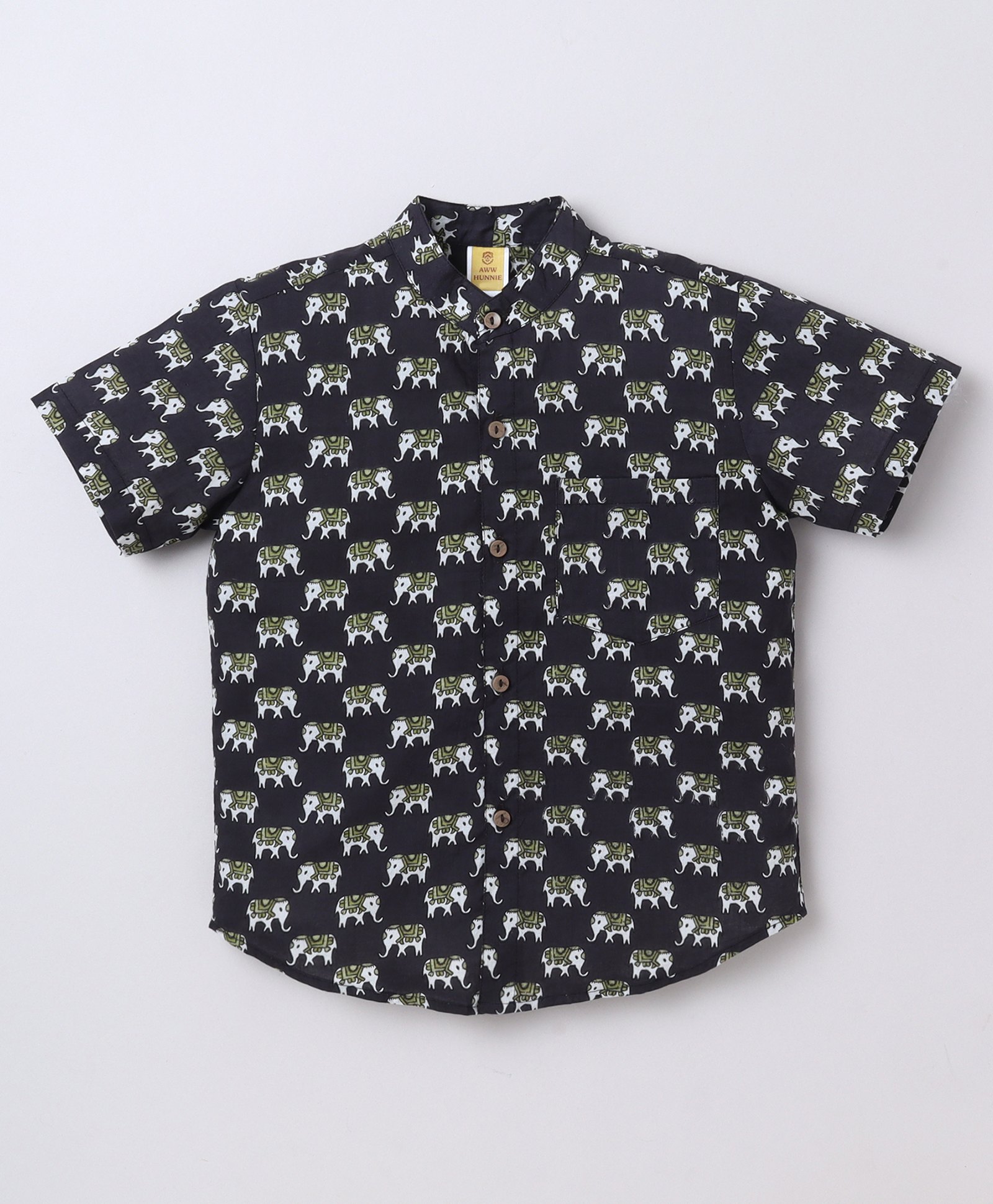 Aww Hunnie Cambric Woven Half Sleeves Elephants Printed Shirt - Black-image-8
