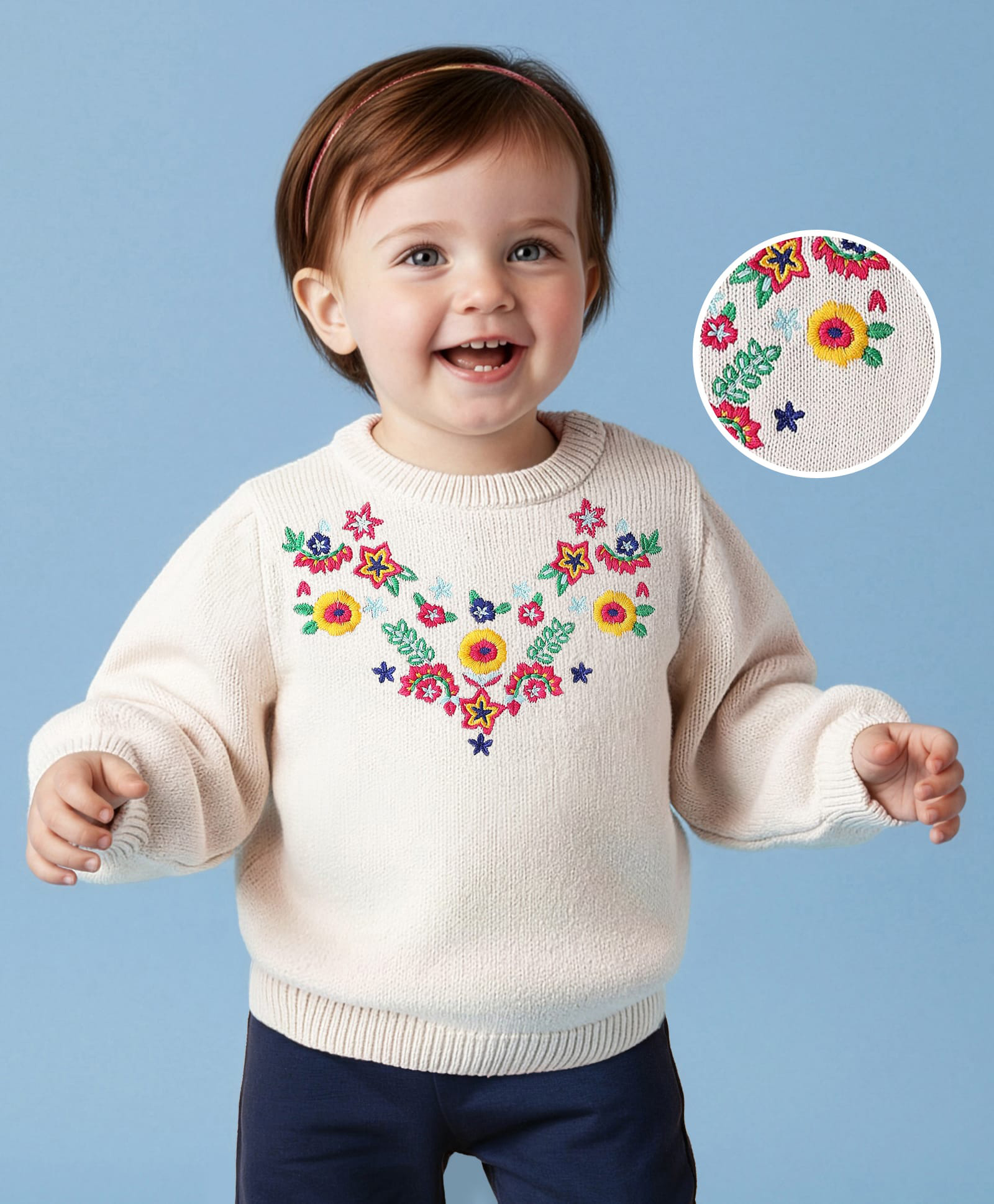 Babyoye Cotton Knit Puffed Full Sleeves Pullovers with Floral Embroidery - Off White-image-11