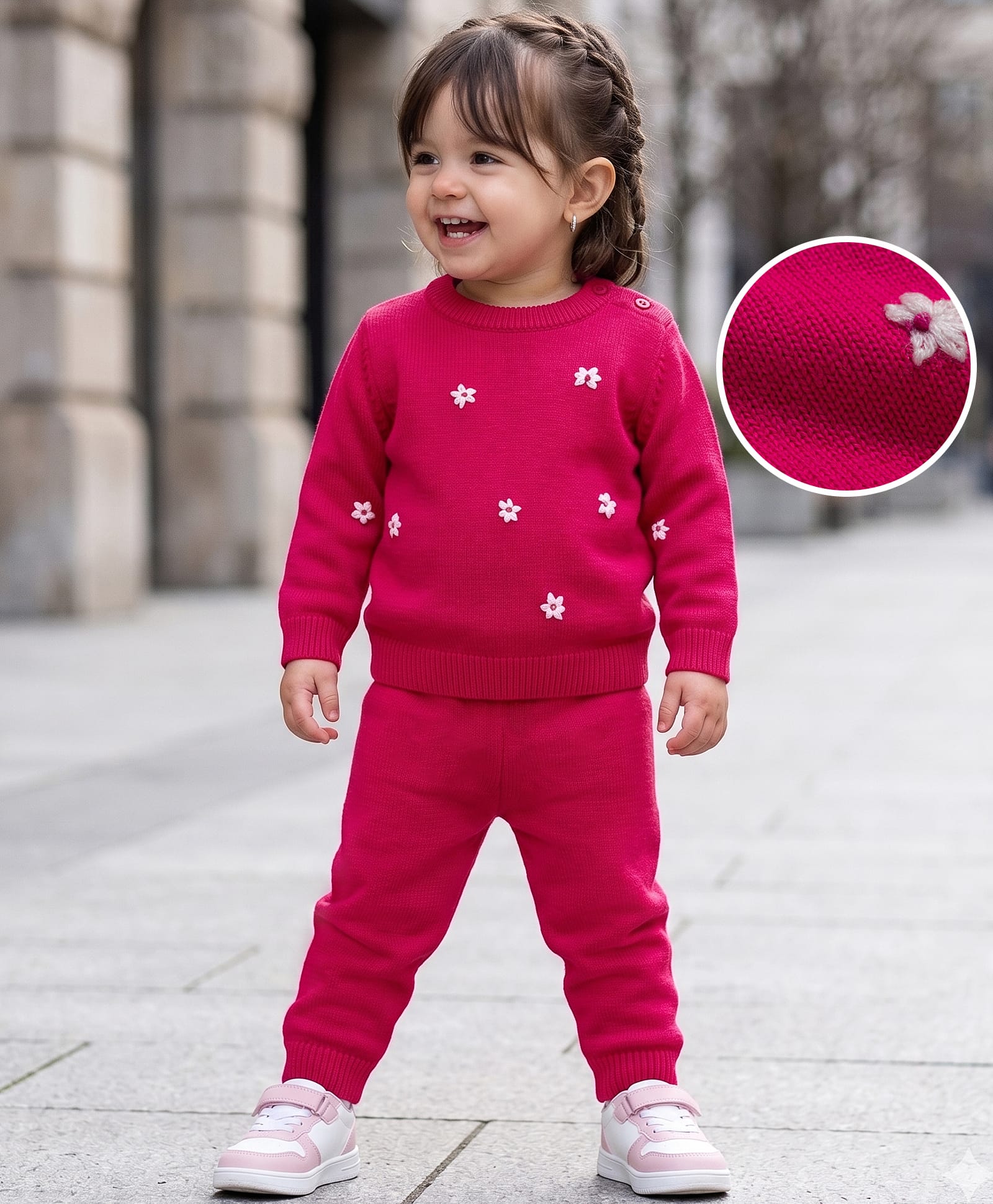 Babyoye Cotton Knit Full Sleeves Pullover Sweater Set With Floral Embroidery - Dark Pink-picture-25