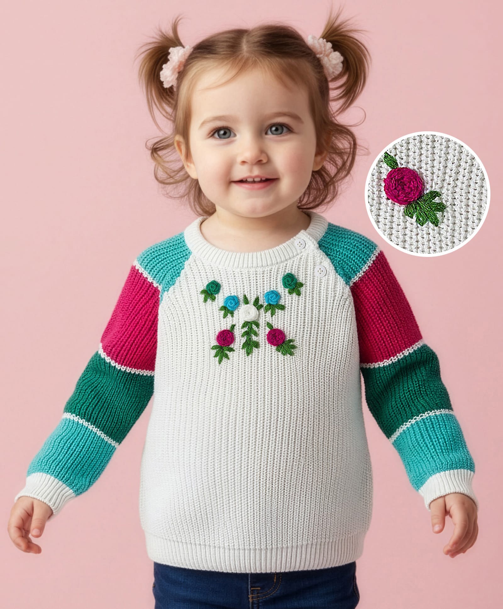 Babyoye Cotton Knit Full Raglan Sleeves Pullover Sweater With Floral Embroidery & Applique - Multicolor-picture-14