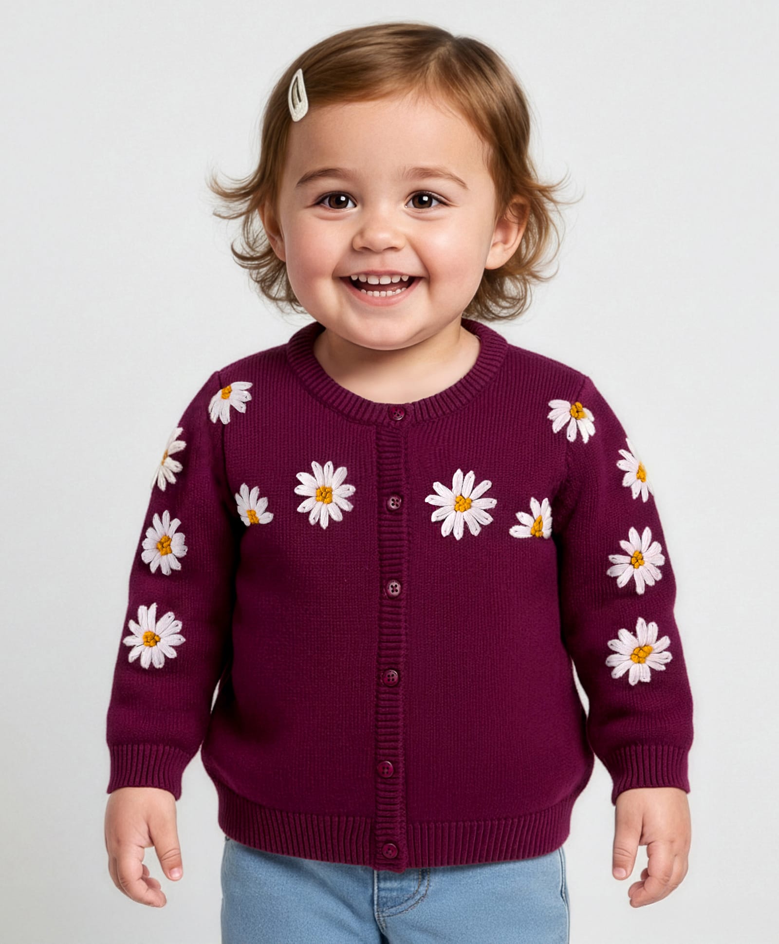 Babyoye Cotton Knit Full Sleeves Front Open Sweater With Floral Embroidery - Wine-picture-0