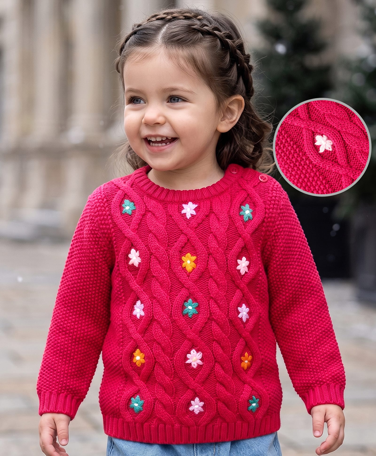 Babyoye Cotton Knit Full Sleeves Pullover Sweater with Cable Knit Design & Floral Embroidery - Dark Pink-image-44