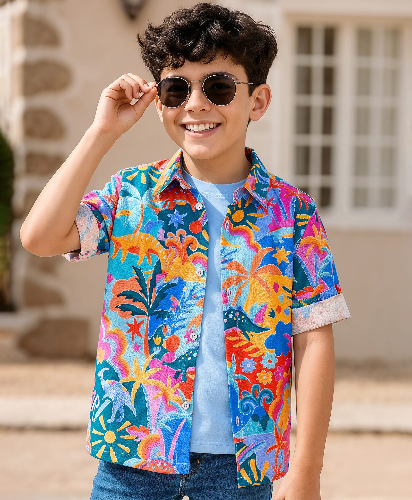 OLLINGTON ST. Sinker Knit Full Sleeves Jungle Theme Print Shirt with T-Shirt - Blue-picture-17