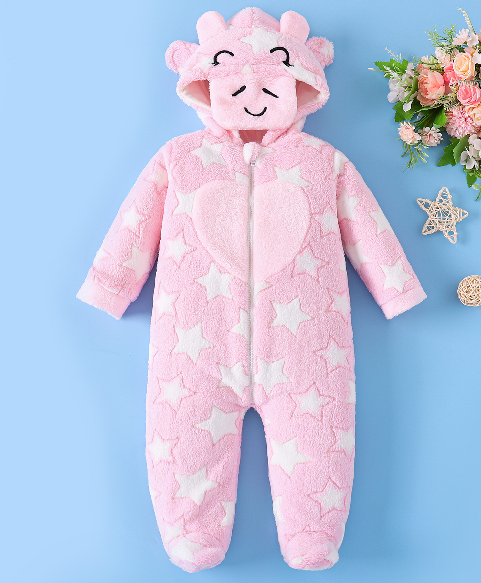 Mark & Mia Full Sleeves Front Open Hooded Winter Wear Romper with Cow Print - Pink-image-7