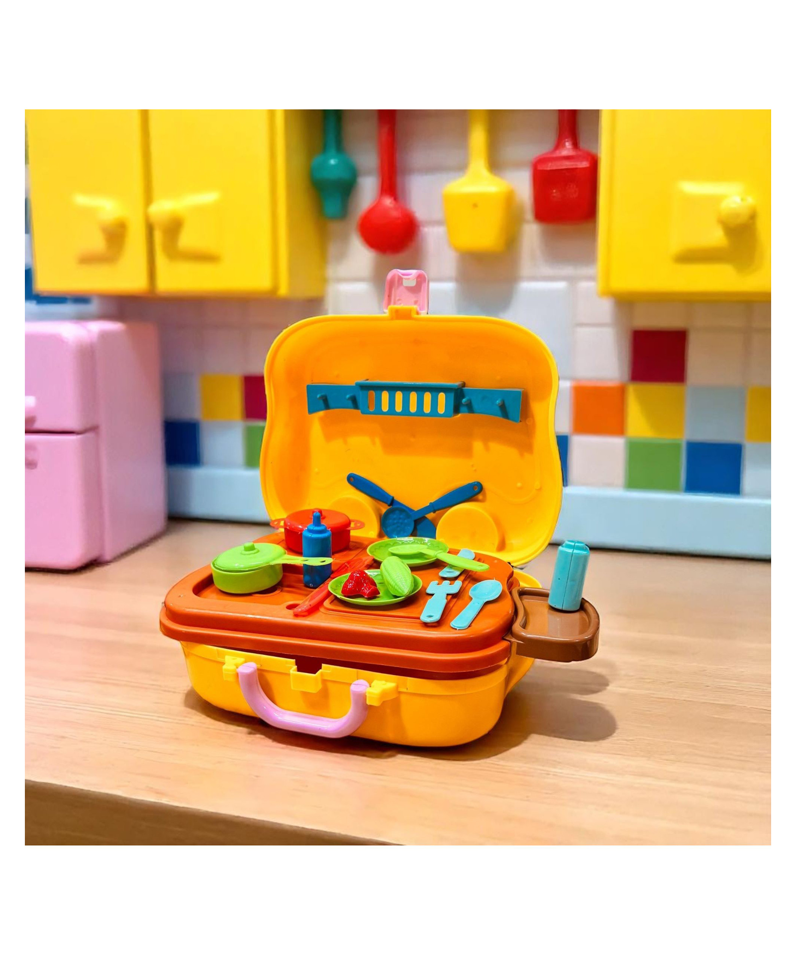 Planet of Toys Kitchen Set with Portable Wheel Briefcase Pretend Play Toy Kitchen Play Set for Kids Realistic Utensils, Storage & Cooking Accessories Role Play Kit (Yellow)-picture-15