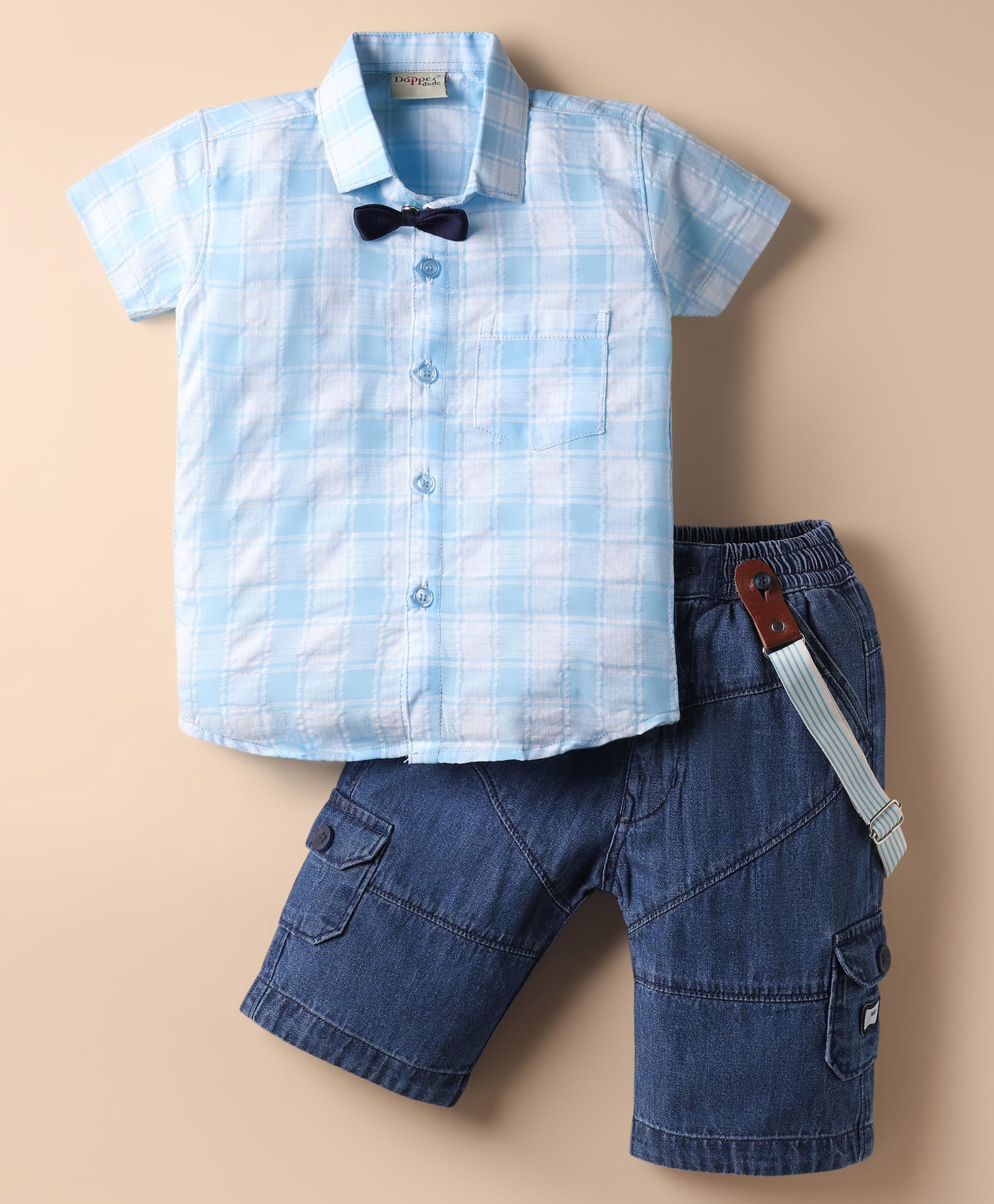 Dapper Dudes Half Sleeves Checked Shirt & Shorts With Suspender & Bow Set - Blue-image-23