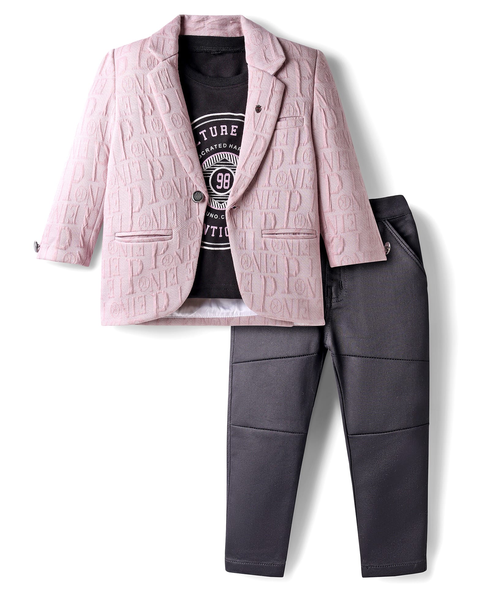 Dapper Dudes Culture Dept Authentic Design Text Printed Tee & Pant With Full Sleeves Textured Blazer Set - Onion Pink-image-29