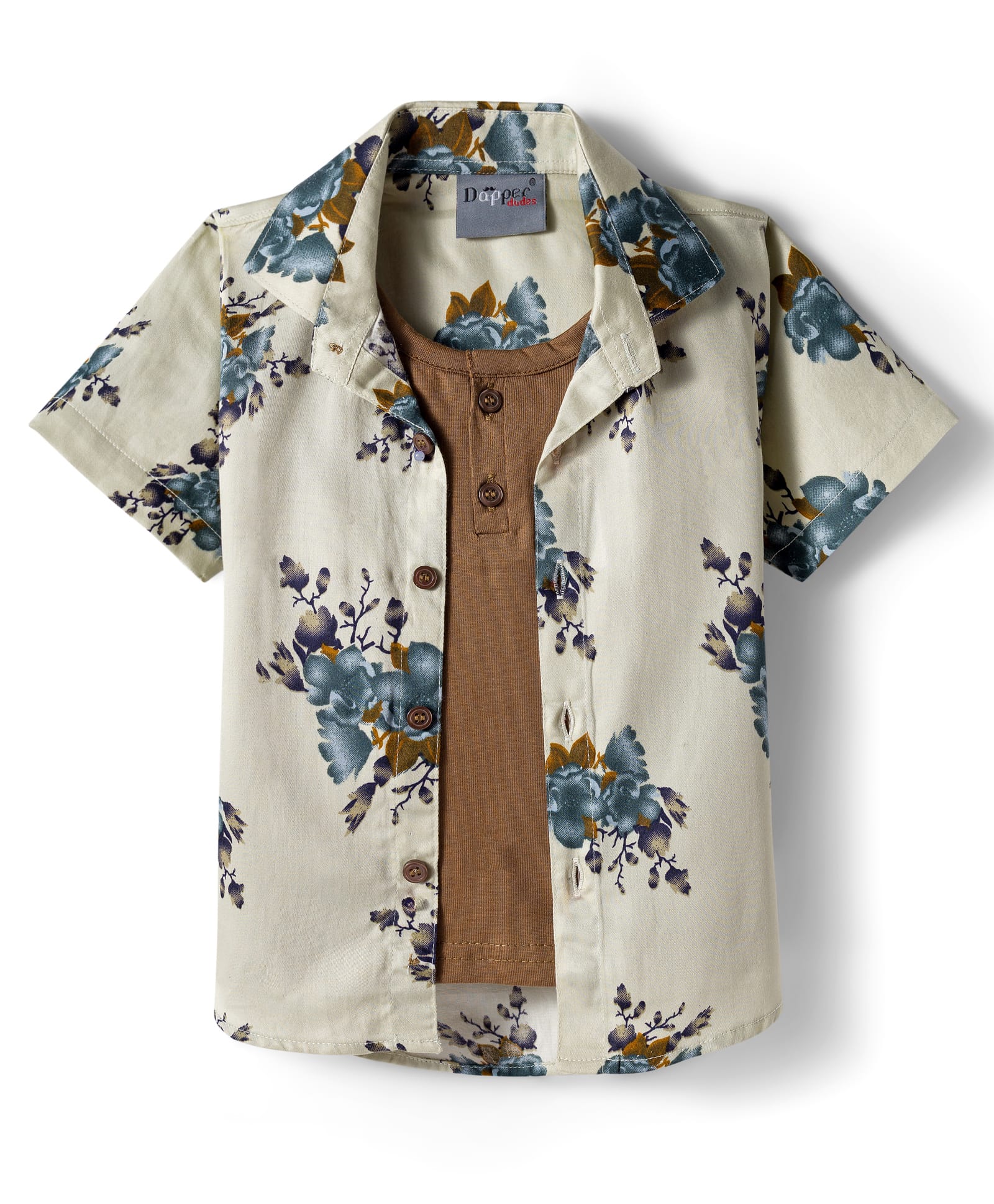 Dapper Dudes Half Sleeves Floral Printed Shirt With Attached Tee - Pista-picture-15