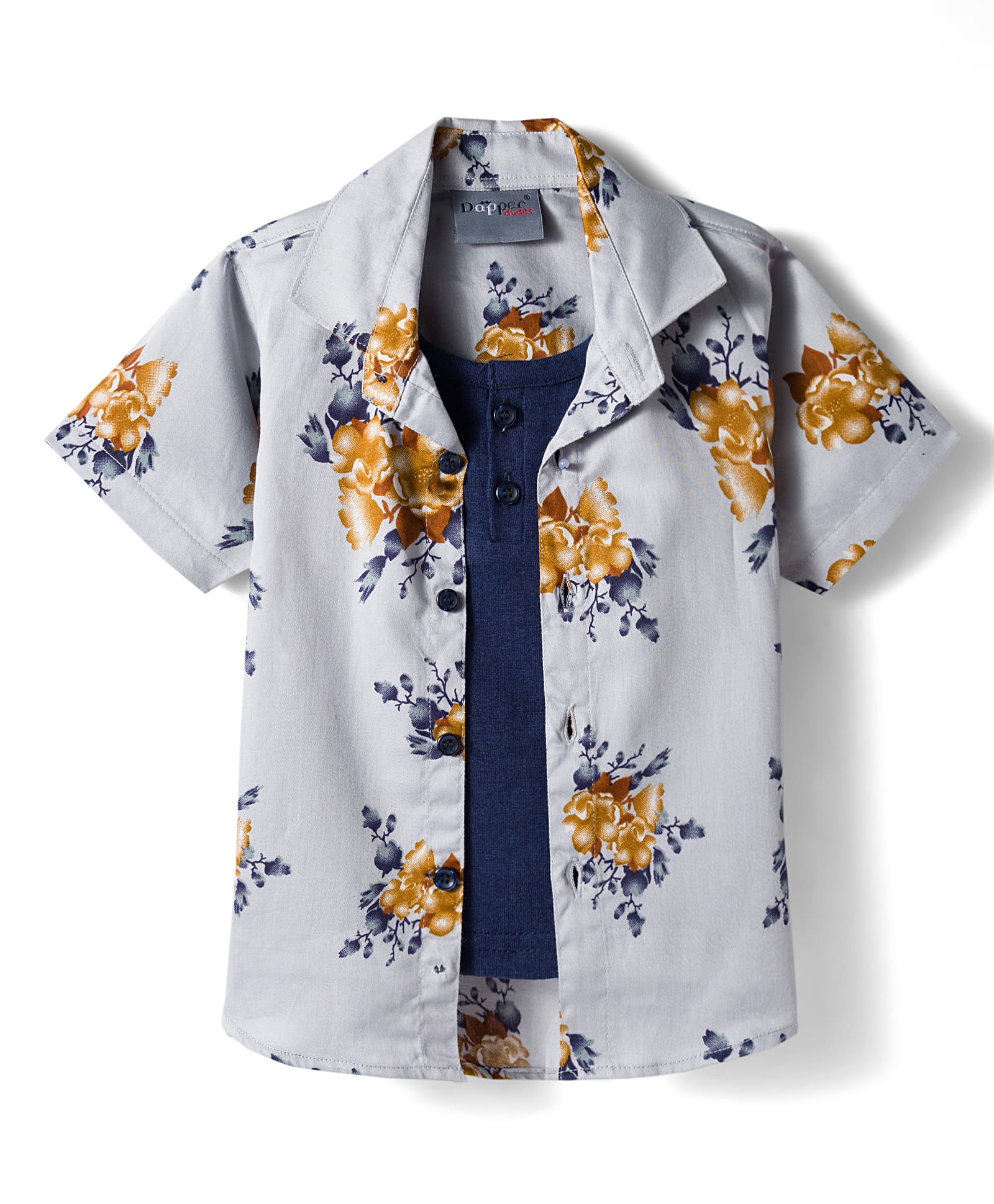 Dapper Dudes Half Sleeves Floral Printed Shirt With Attached Tee - Grey-image-28