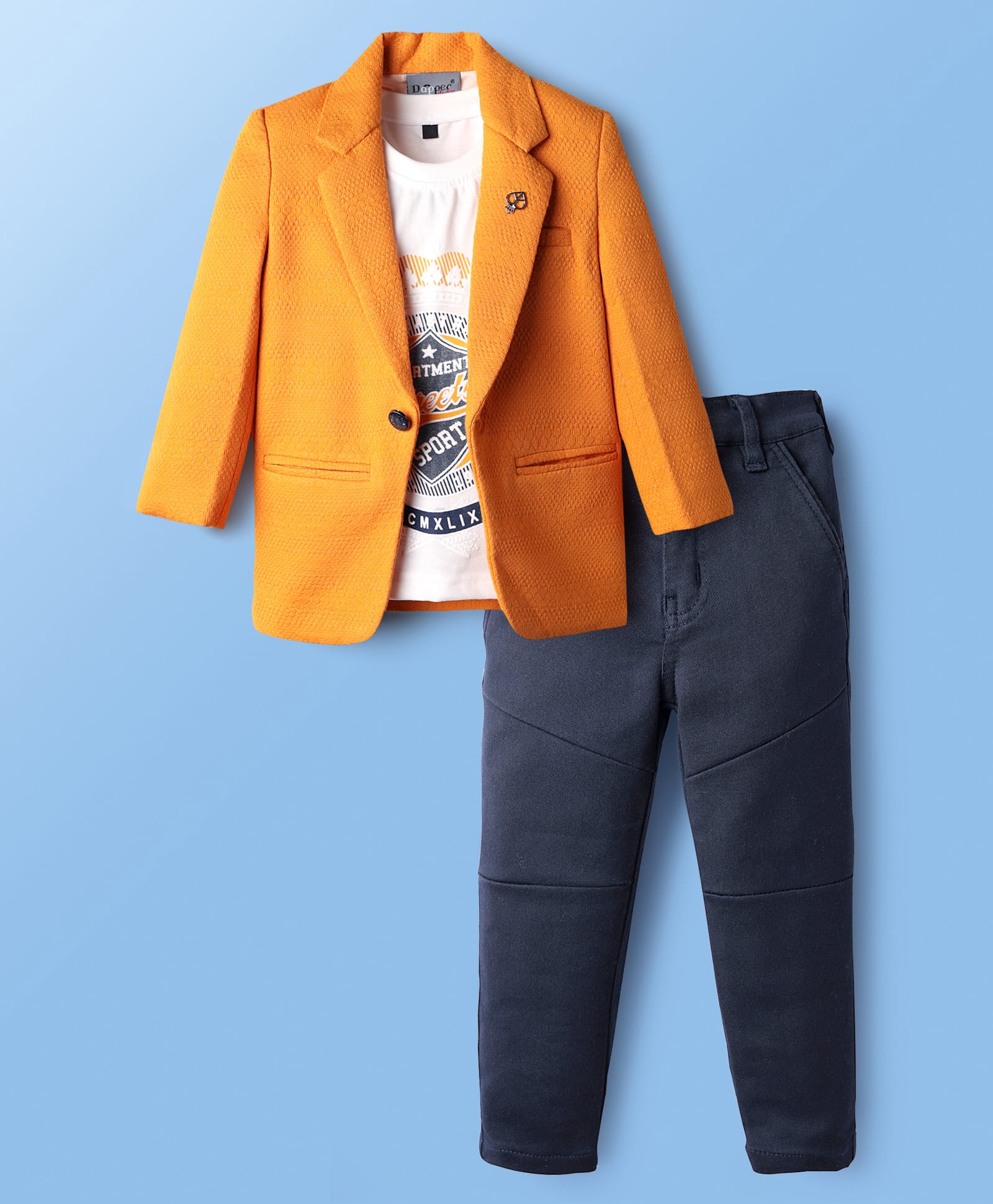 Dapper Dudes Street Sports Text Printed Tee & Trousers With Full Sleeves Blazer Set - Mustard-image-9