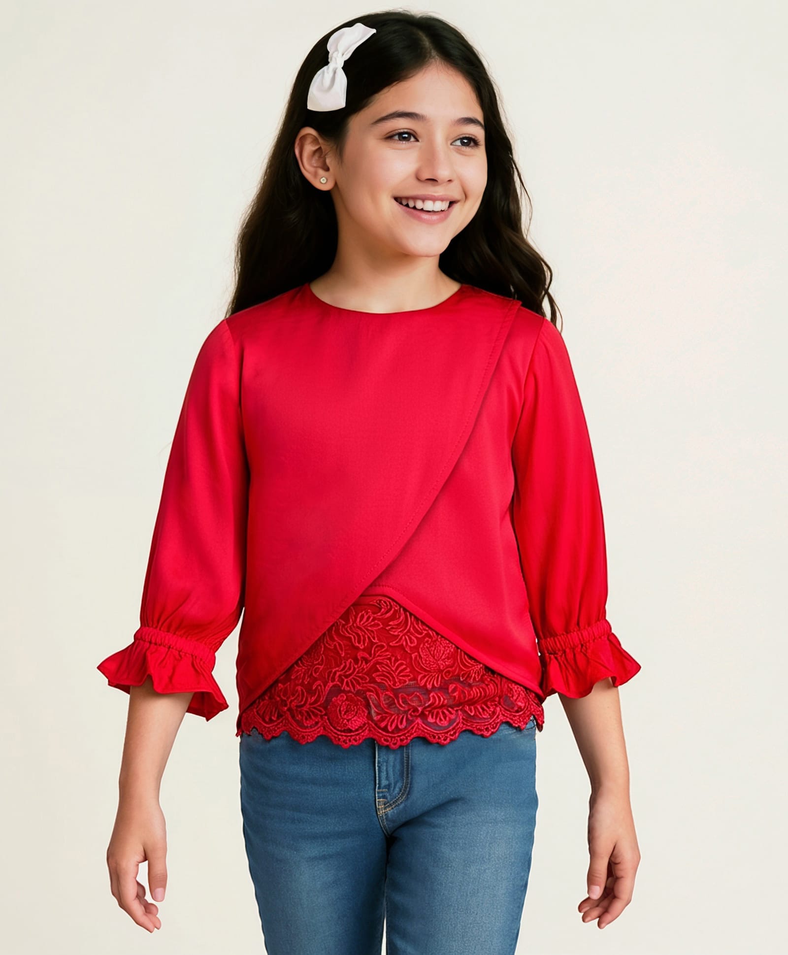 arias by lara dutta Arias Woven Three Fourth Sleeves Petal Cut Top with Embroidered Lace Detailing at Hem - Red-picture-13