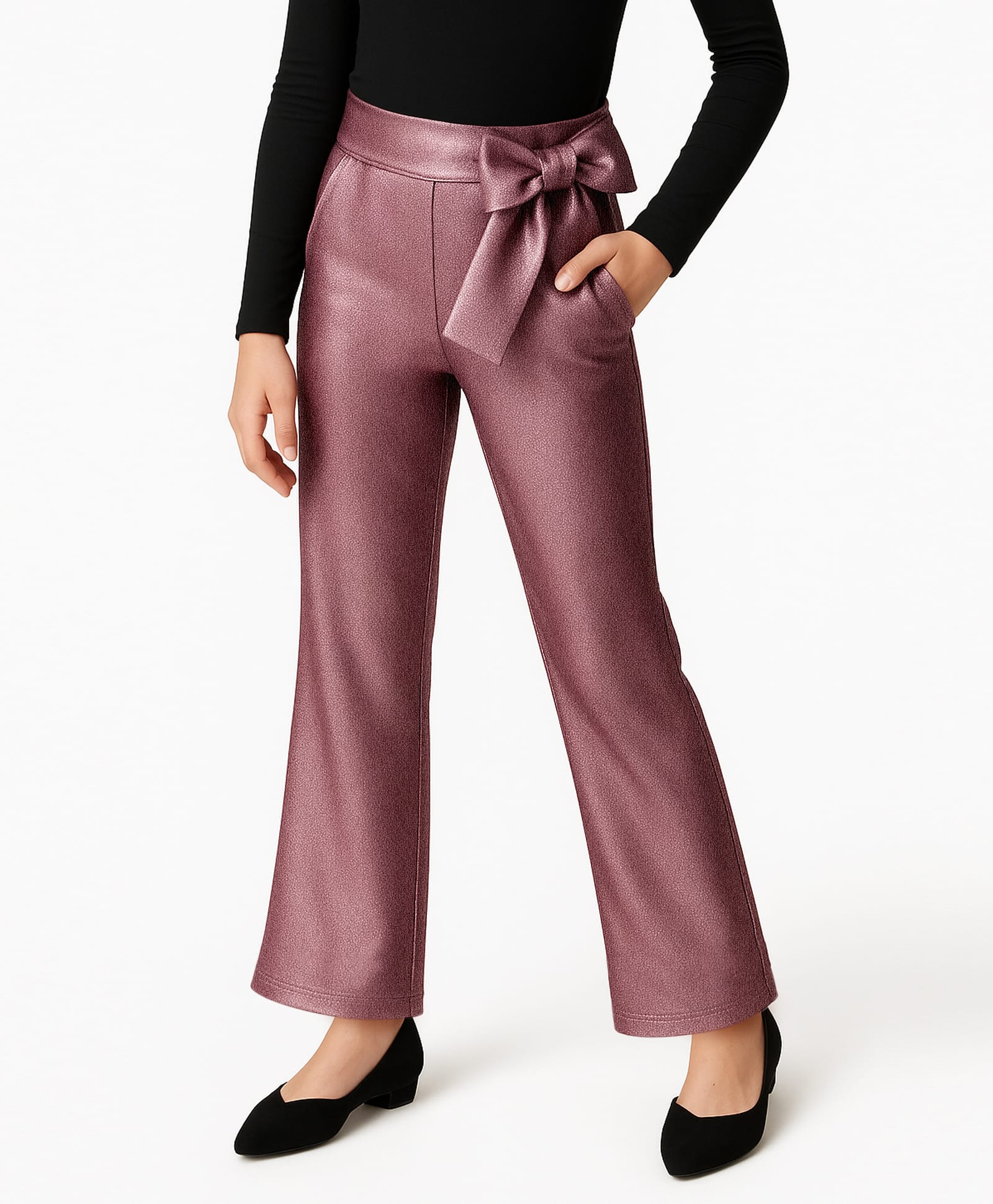 Arias Metallic Knit Full Length Stretchy Jeggings With Bow Applique - Pink-image-40