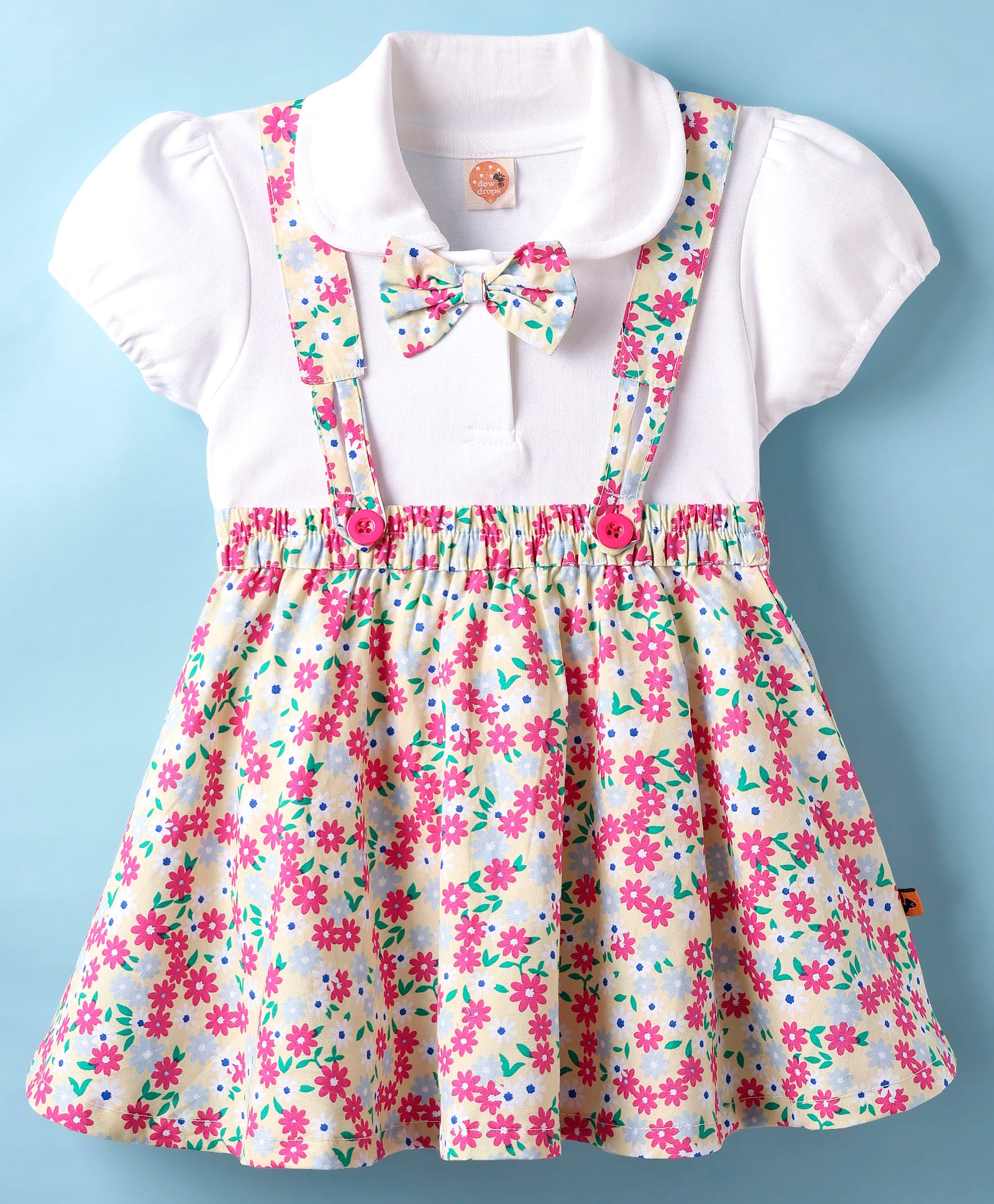 Dew Drops Cotton Knit Half Sleeves Floral Printed Frock With Inner Tee - Yellow-picture-1