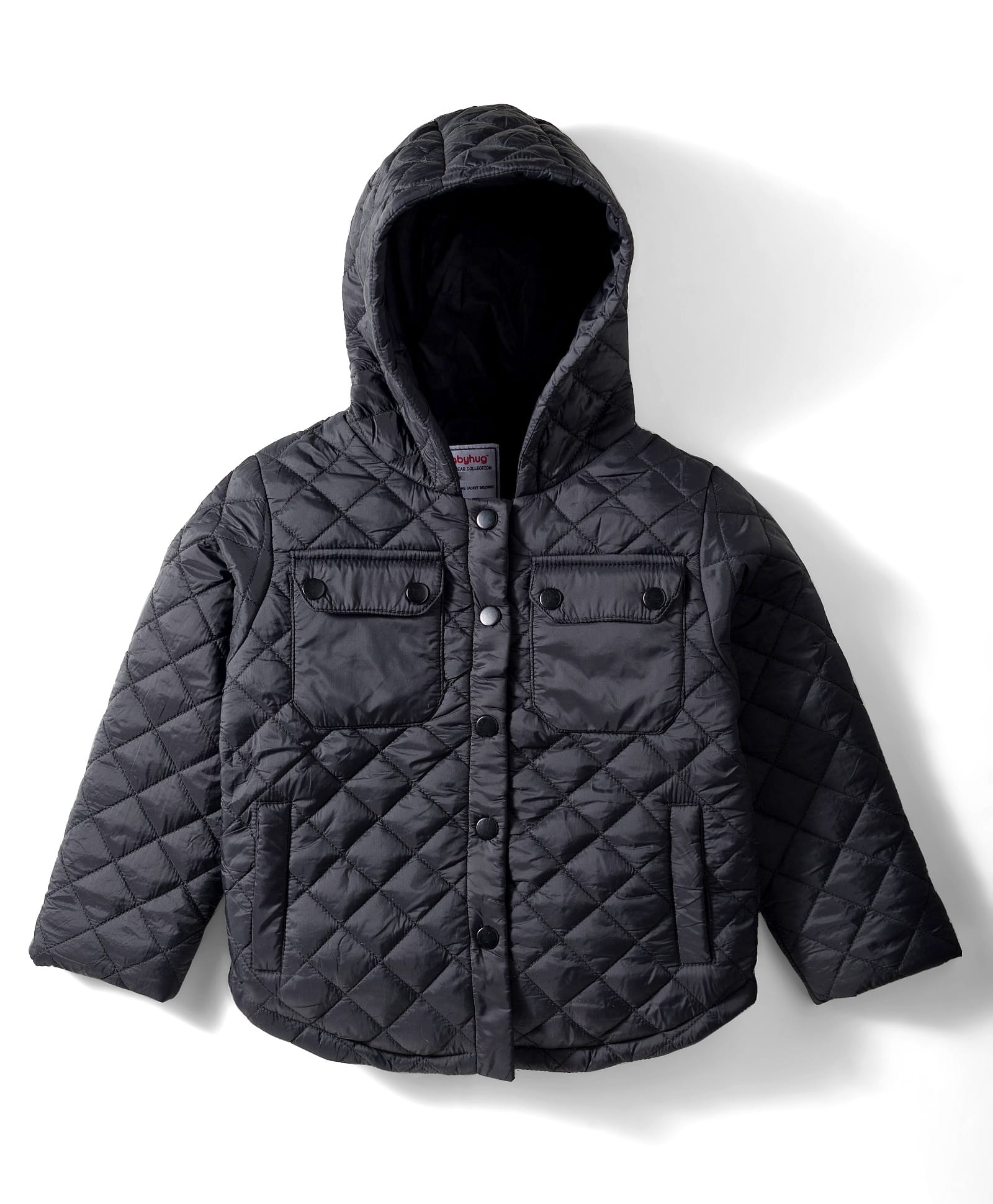 Babyhug Woven Full Sleeves Solid Hooded Quilted Jacket - Black-picture-22