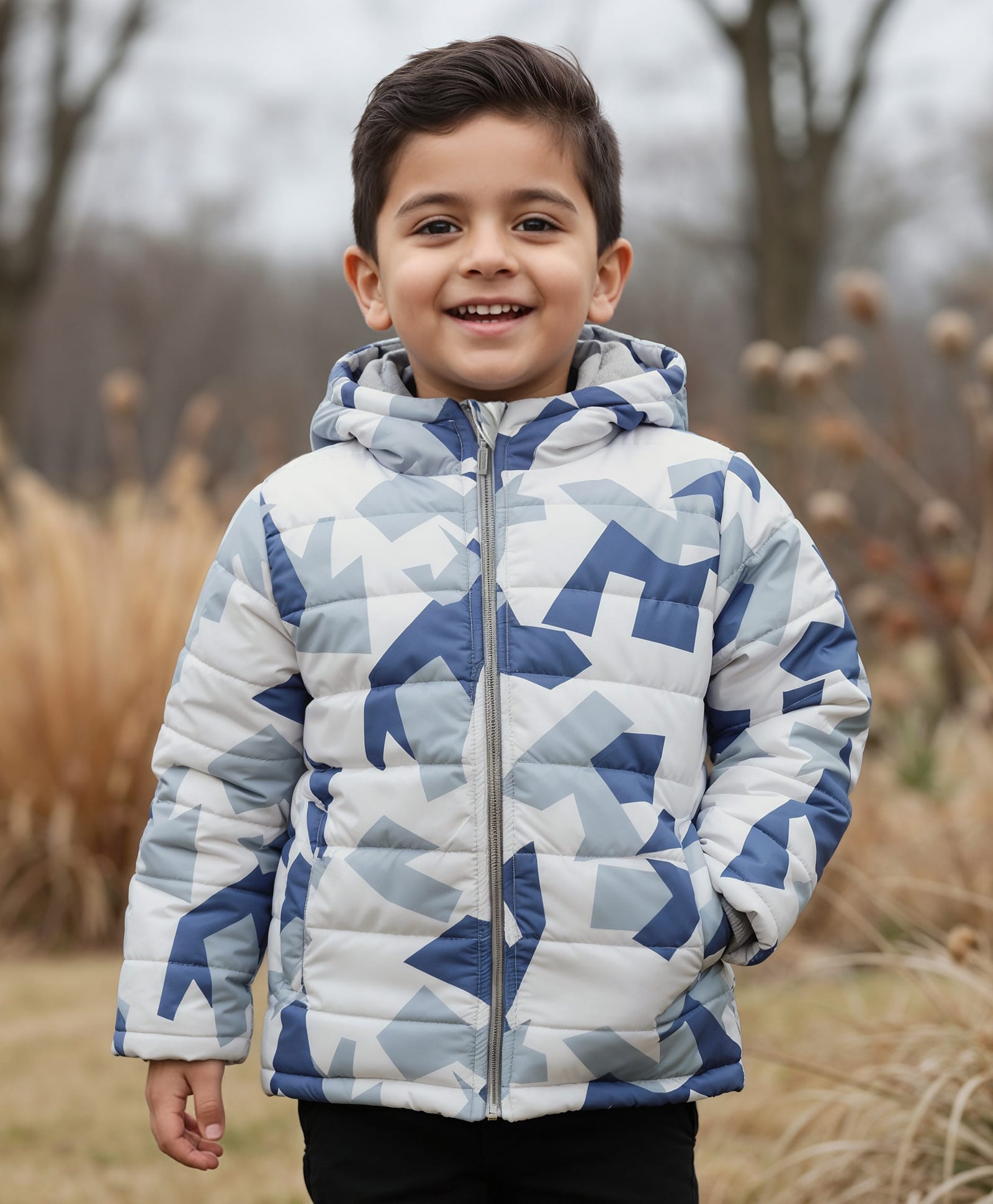 Babyhug Woven Full Sleeves Hooded Padded Jacket With Abstract Print - Blue & White-image-14
