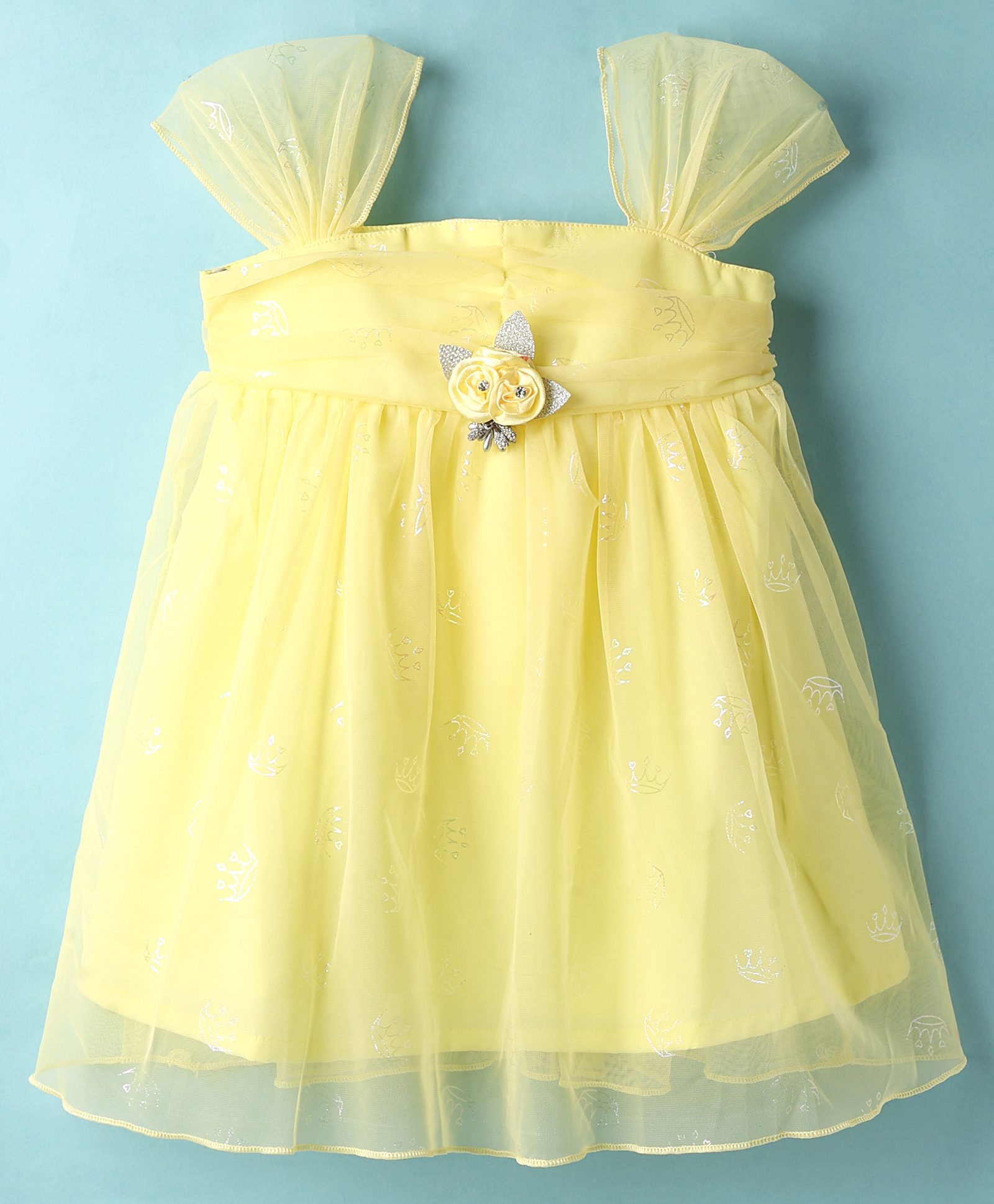 Dew Drops Cotton Knit Sleeveless Frock with Floral Applique - Yellow-picture-43