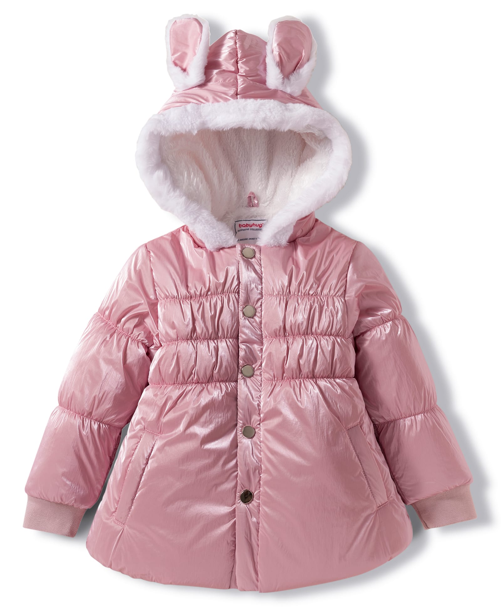 Babyhug Woven Full Sleeves Solid Color Hooded Padded Winter Jacket with Ear Applique - Pink-picture-16