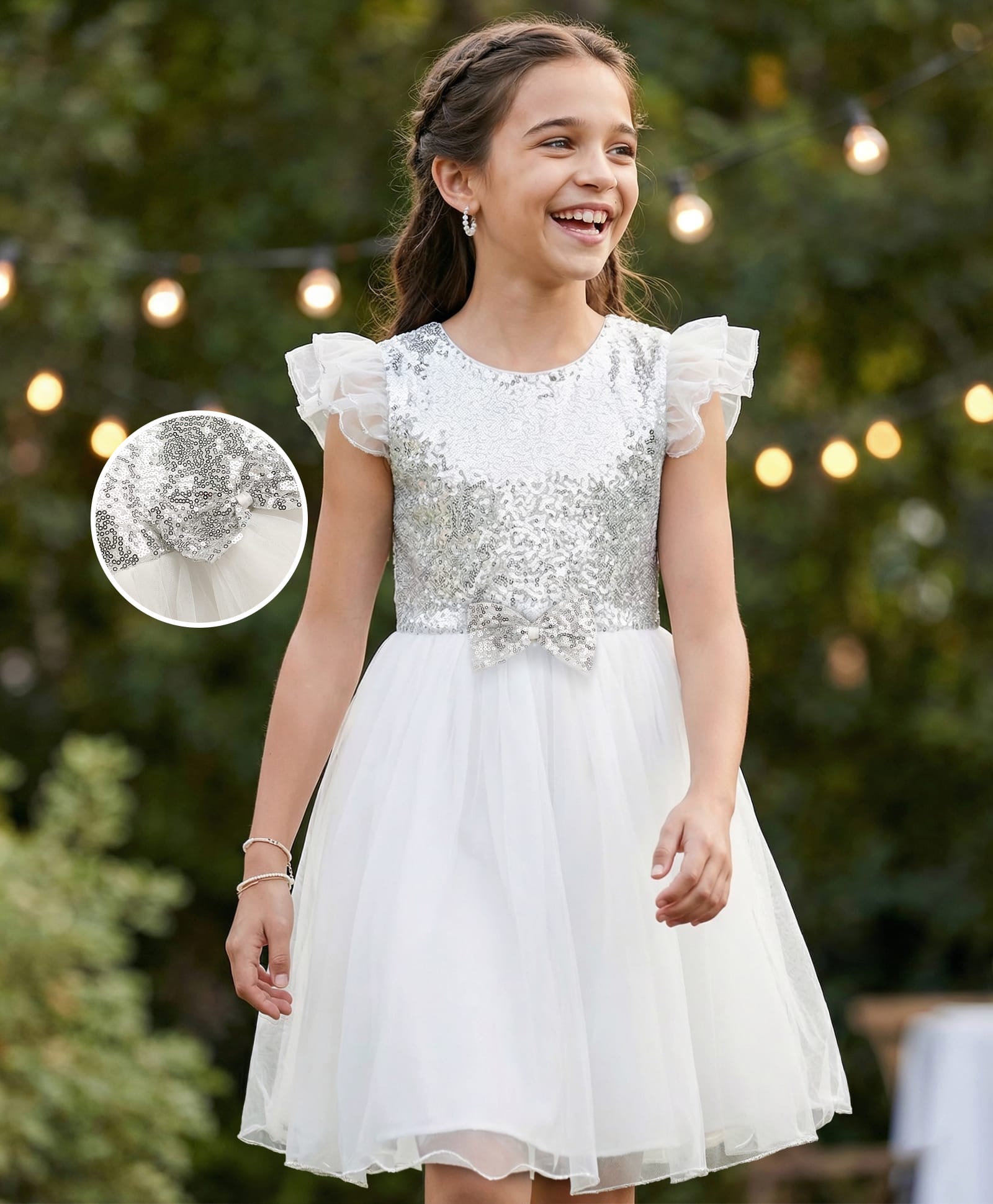 Pine Kids Woven Frill Sleeves Sequinned Flared Party Wear Dress With Bow Applique - White-image-36
