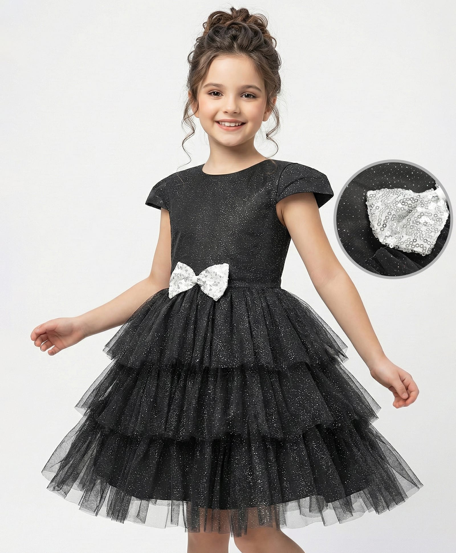 Pine Kids Woven Half Sleeves Shimmered Party Dress With Sequinned Bow Applique - Black-picture-43