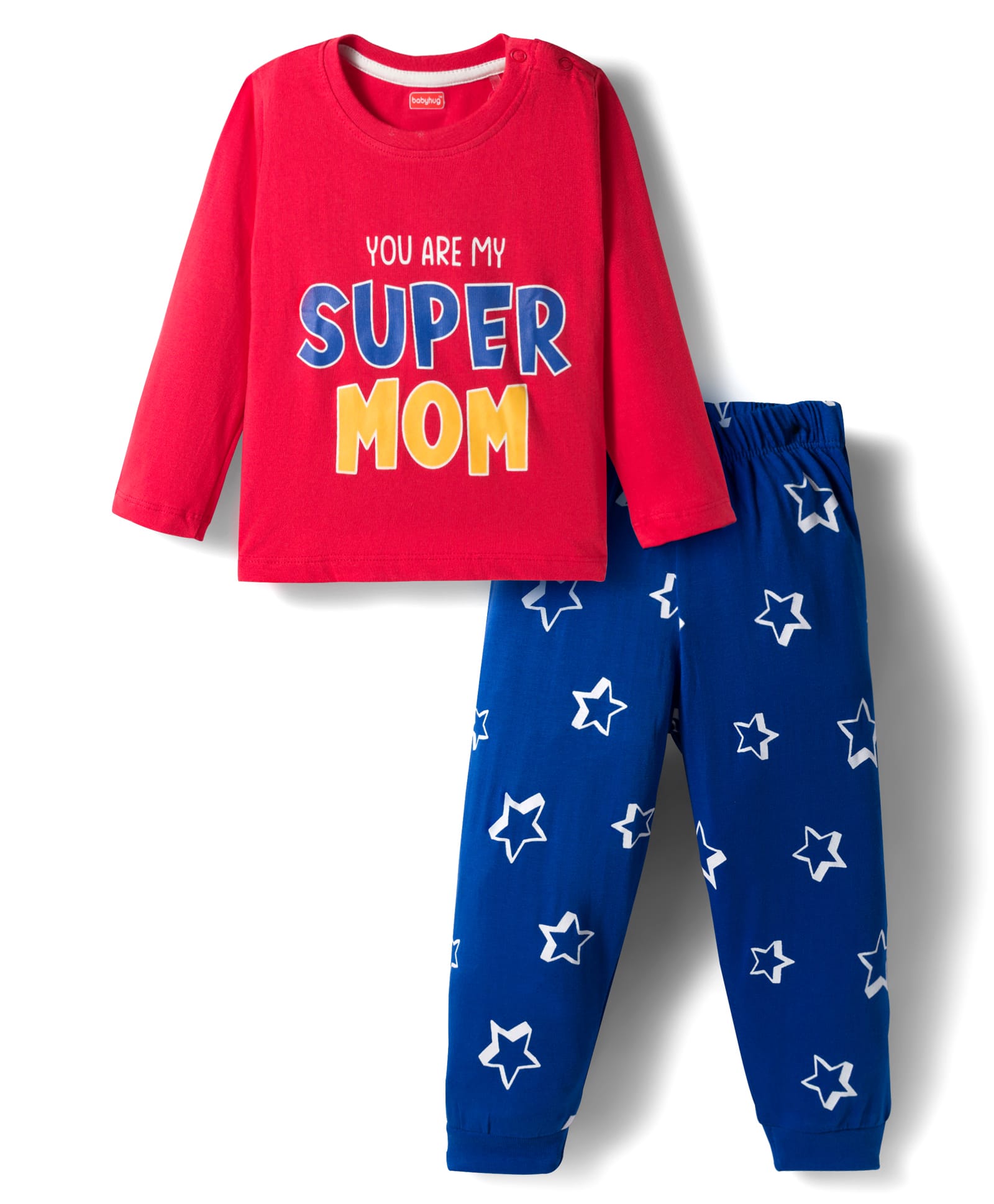 Babyhug Cotton Knit Full Sleeves Night Suit With Super Mom Text Print - Red & Blue-image-21