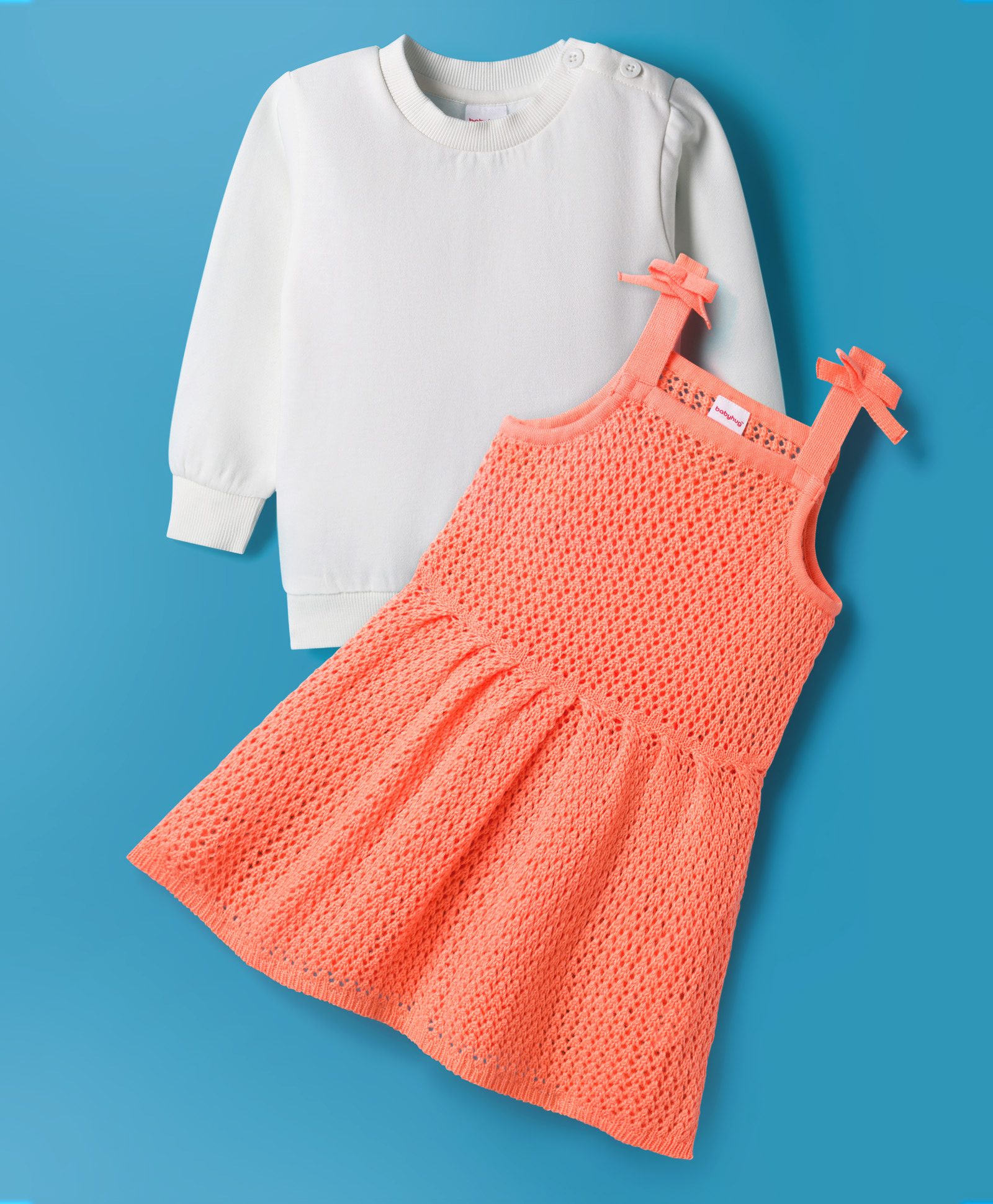 Babyhug Knitted Solid Woollen Dress & Full Sleeves Inner Tee - Orange & White-image-6