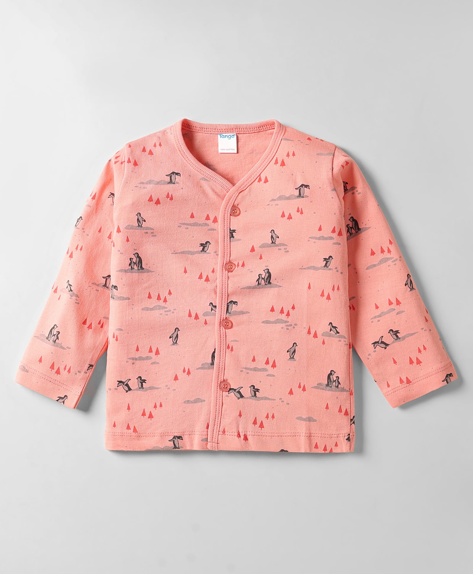 Tango Interlock Knit Full Sleeves Jhabla With Penguin Print - Coral-image-4