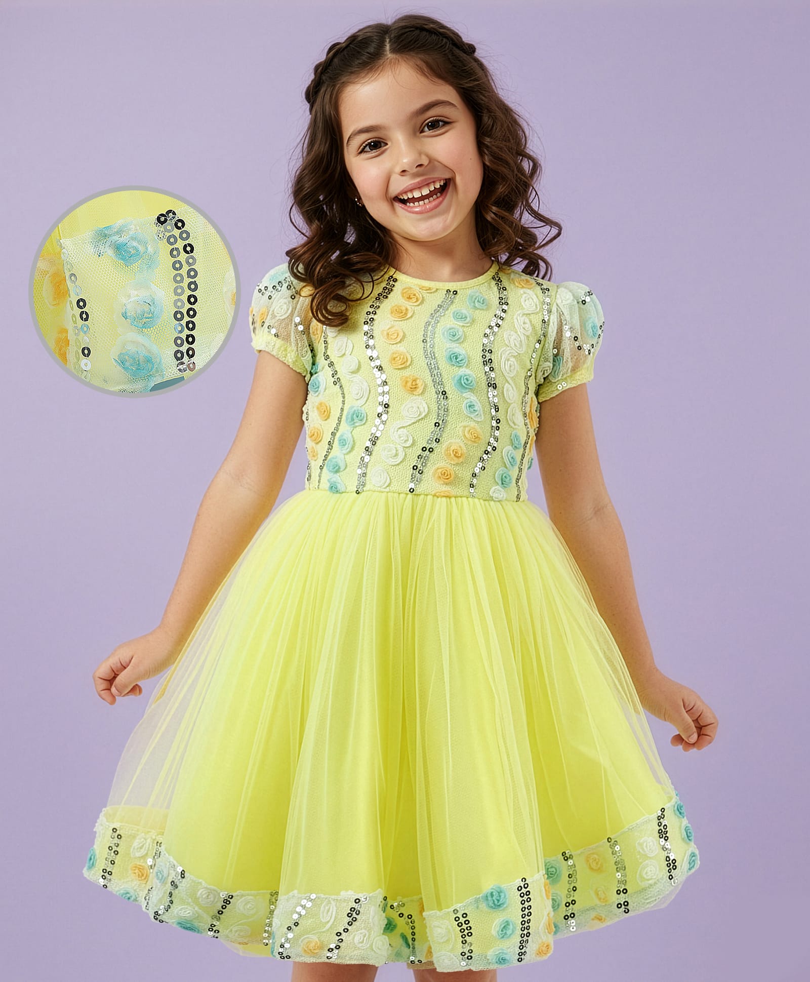 Pine Kids Woven Half Sleeves Party Dress With Floral Applique & Sequin Detailing - Yellow-picture-34