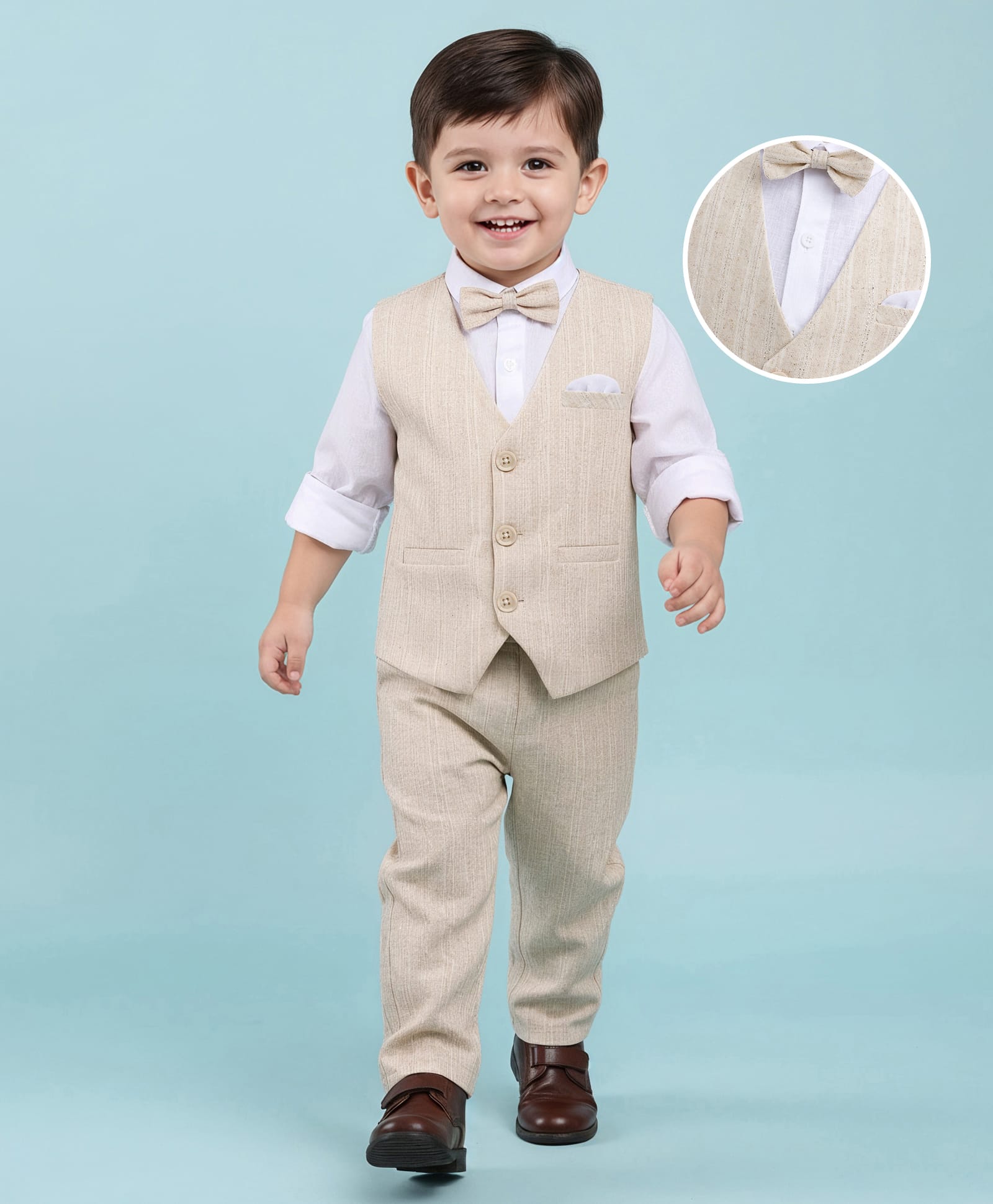 Babyhug Knit Full Sleeves Solid 3 Piece Party Suit With Bow - Beige-image-47
