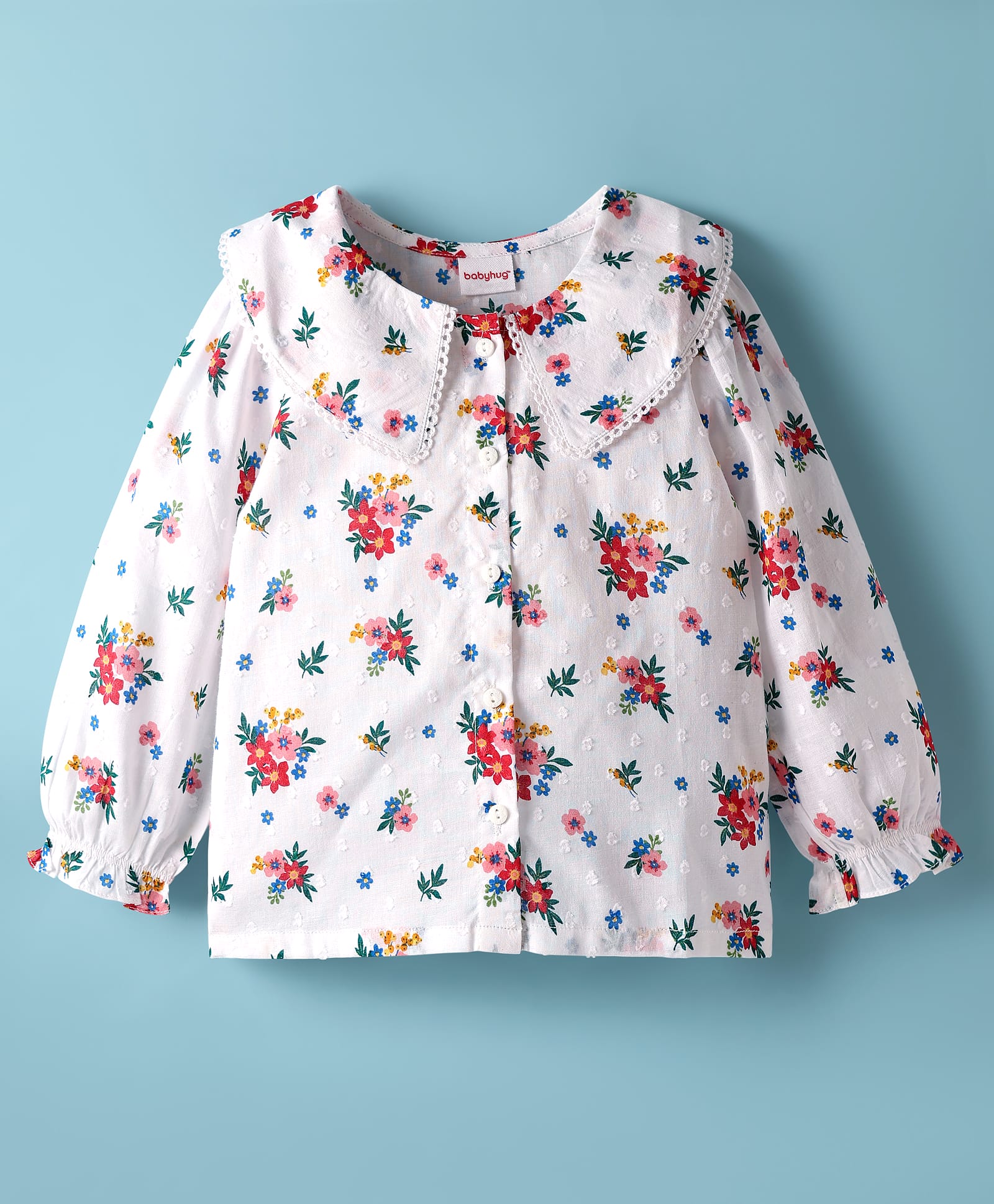 Babyhug 100% Cotton Woven Full Sleeves Floral & Swiss Dot Printed Peter Pan Collar Top - White-picture-37