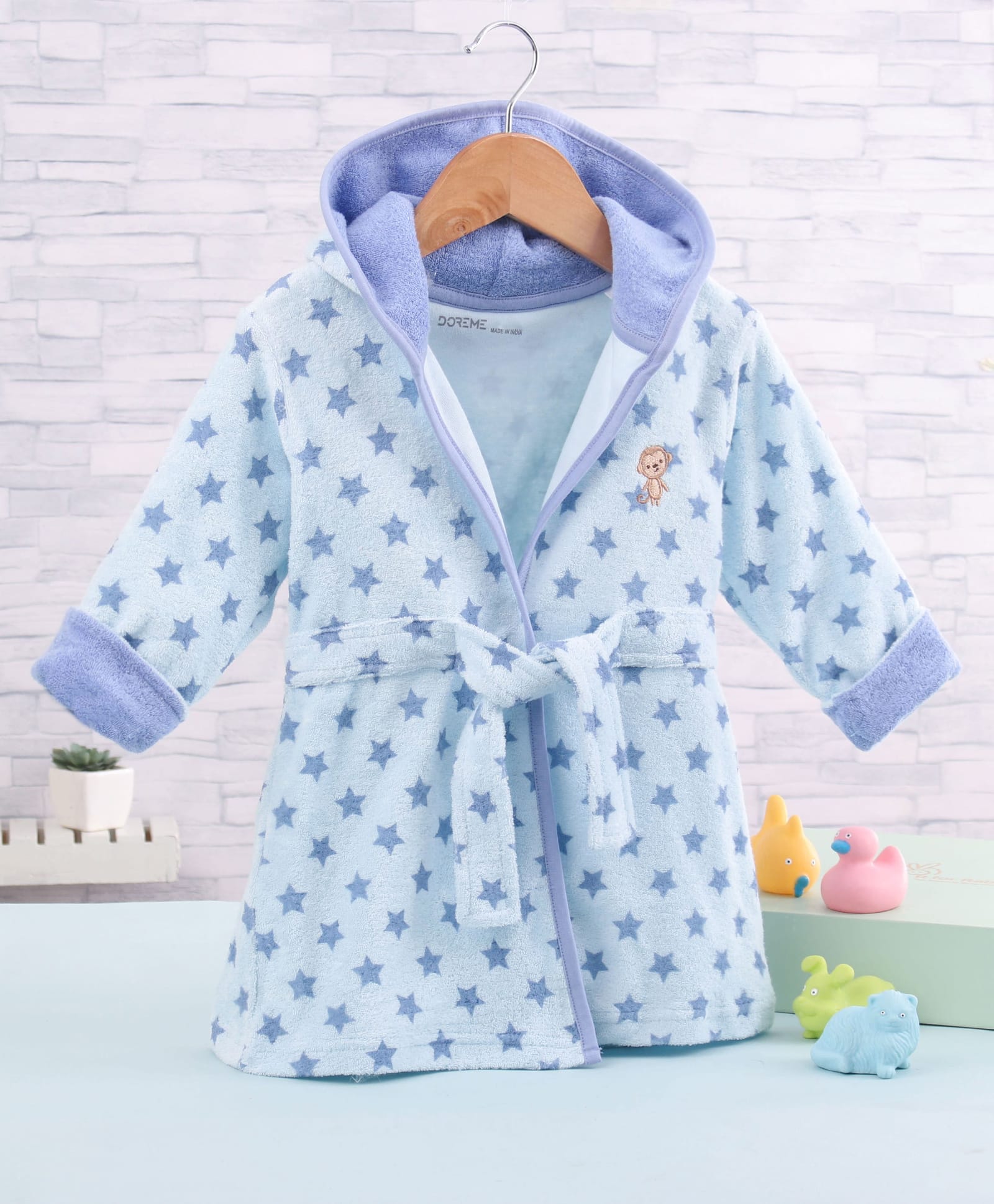 Doreme Terry Knit Full Sleeves Hooded Star Printed Bathrobe - Light Blue-picture-24