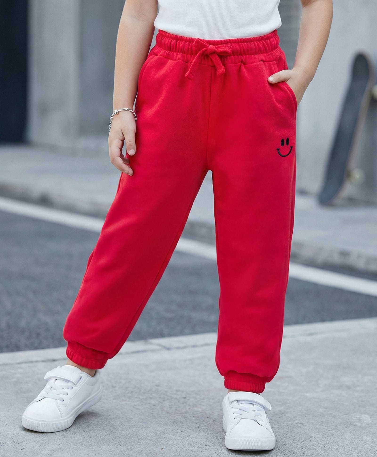 Kookie Kids Terry Knit Full Length Joggers With Smiley Print & Pockets - Red-image-1