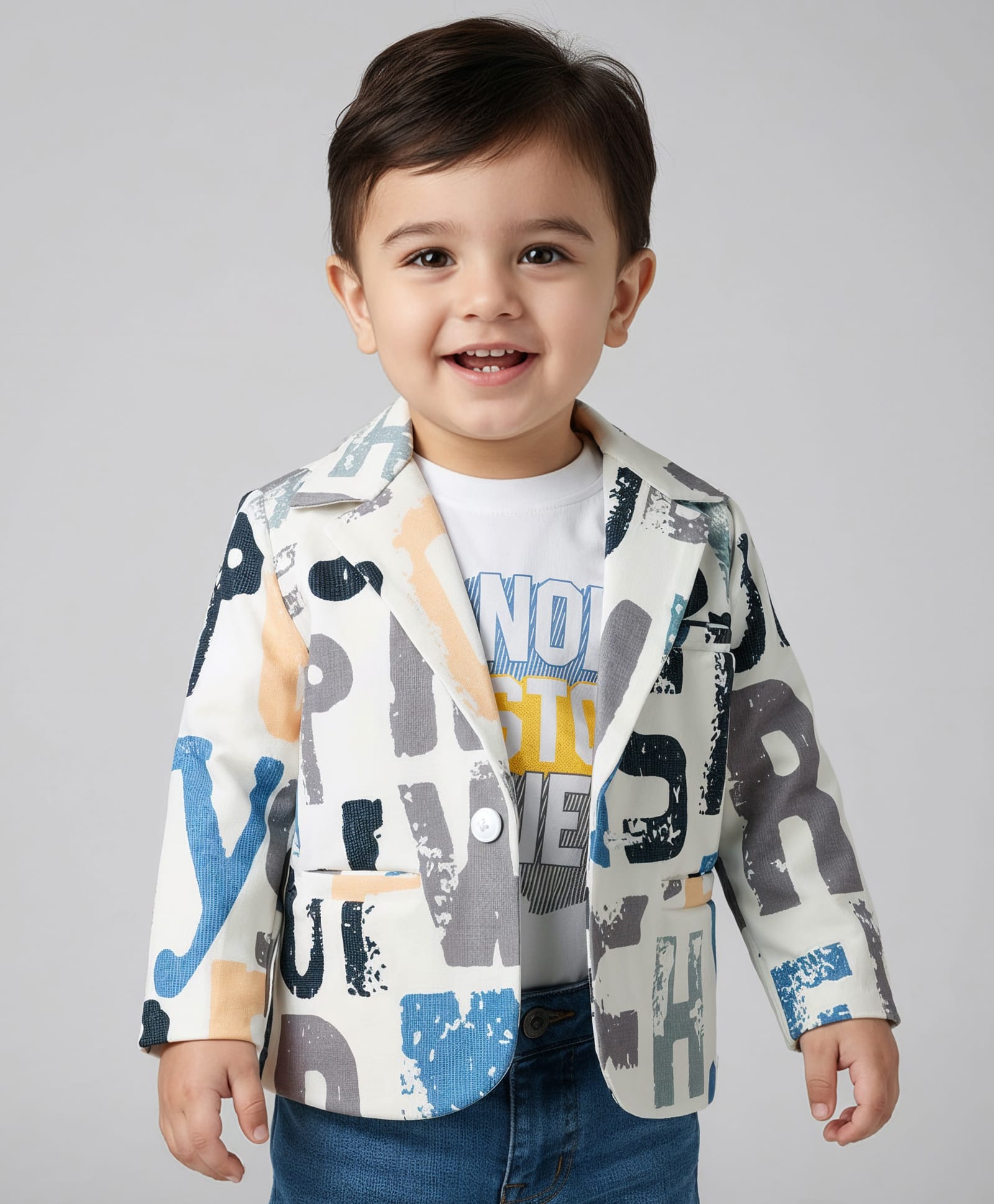 Babyhug Knit Full Sleeves Text Printed Blazer with T-Shirt - White-image-48
