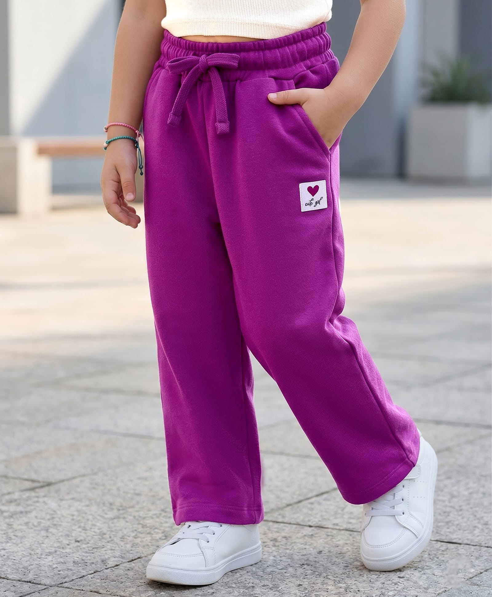 kookie kids india Kookie Kids Terry Knit Full Length Solid Color Wide Leg Lounge Pant with Badge Detailing - Violet-picture-23