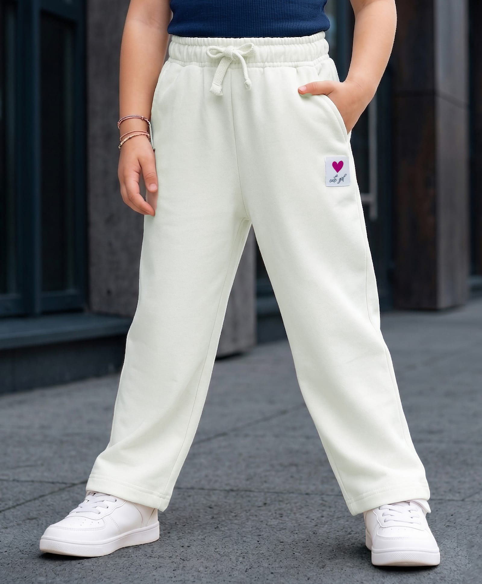 Kookie Kids Terry Knit Full Length Solid Color Wide Leg Lounge Pant with Badge Detailing - Offwhite-image-41