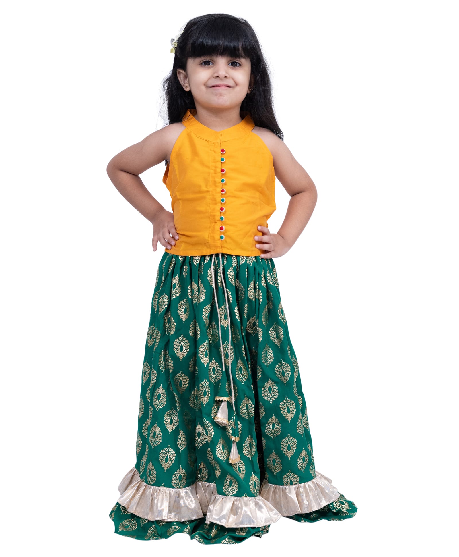 Twisha Woven Sleeveless Solid Lehenga Choli Set - Yellow & Green-image-42