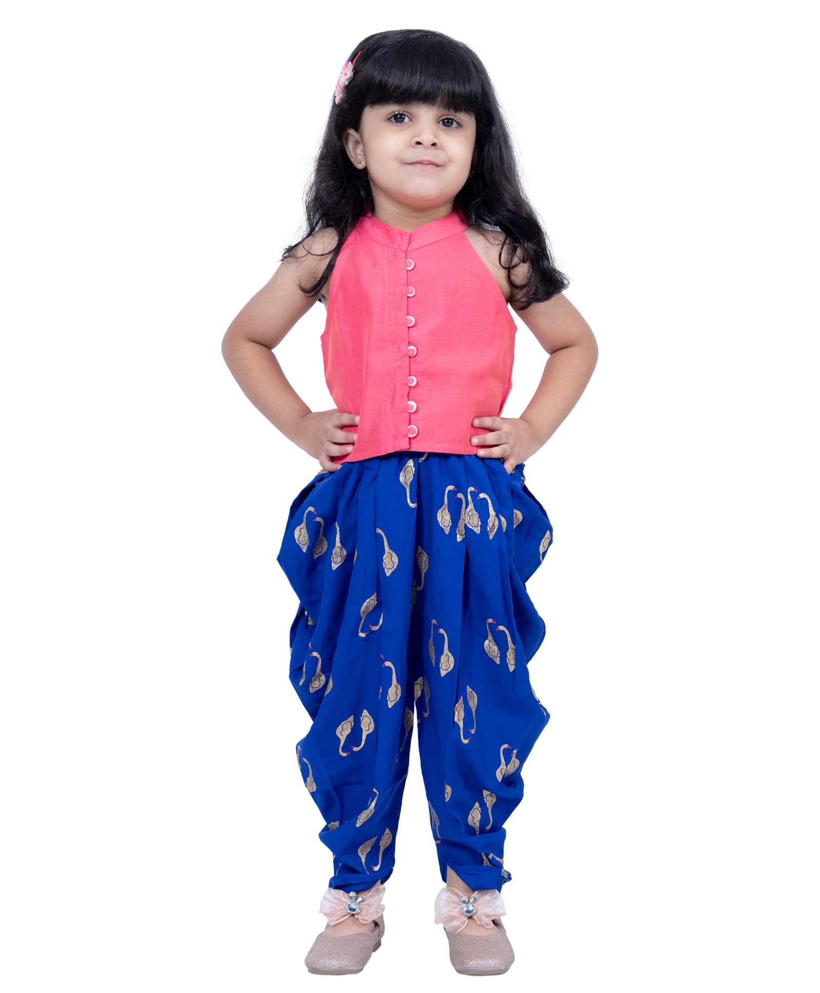 Twisha Chanderi Woven Sleeveless Solid Top & Swans Foil Printed Dhoti Set - Coral & Blue-image-24
