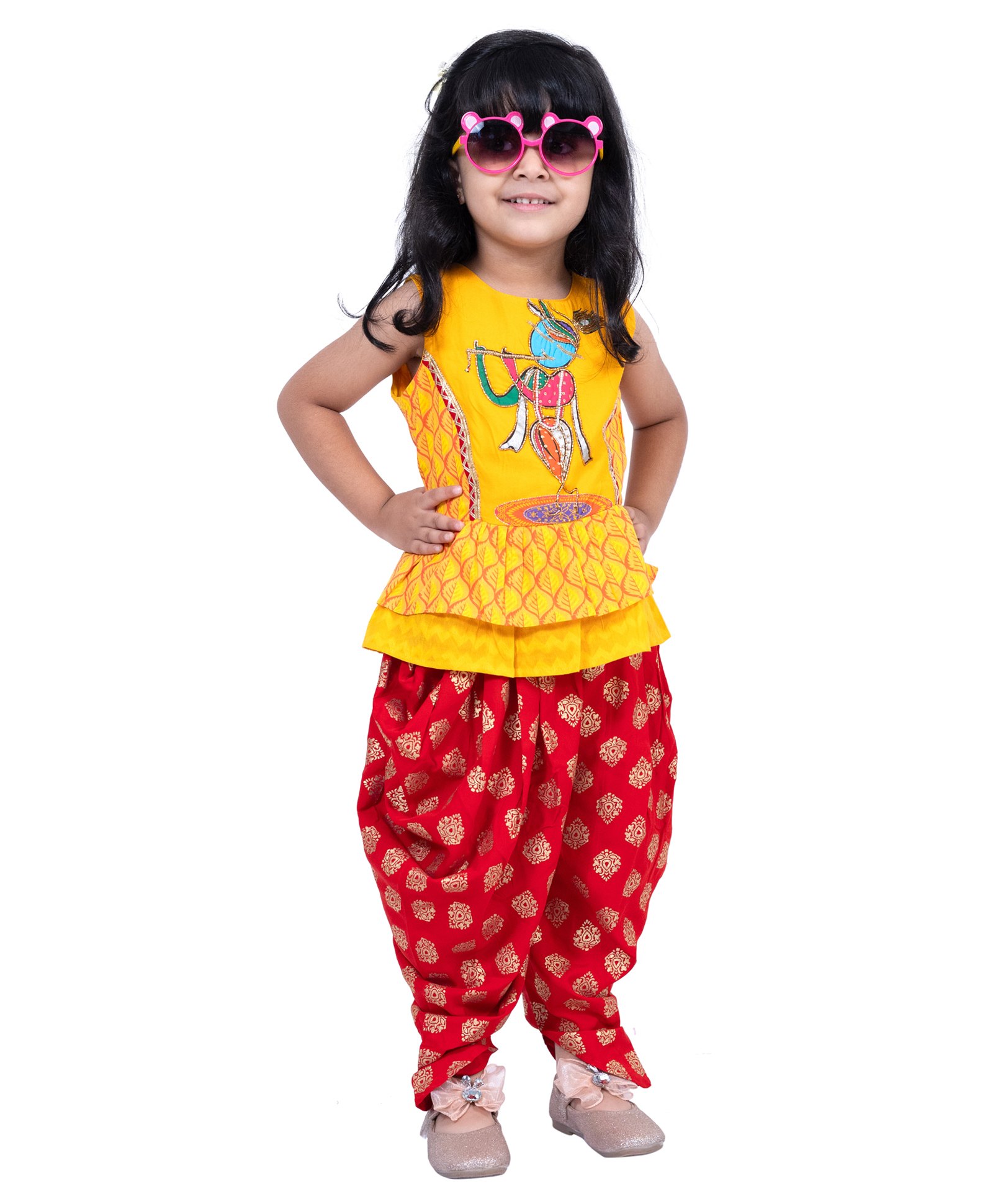 Twisha Cotton Woven Sleeveless Lord Krishna Printed & Beaded Top & Dhoti Set - Yellow & Red-image-25