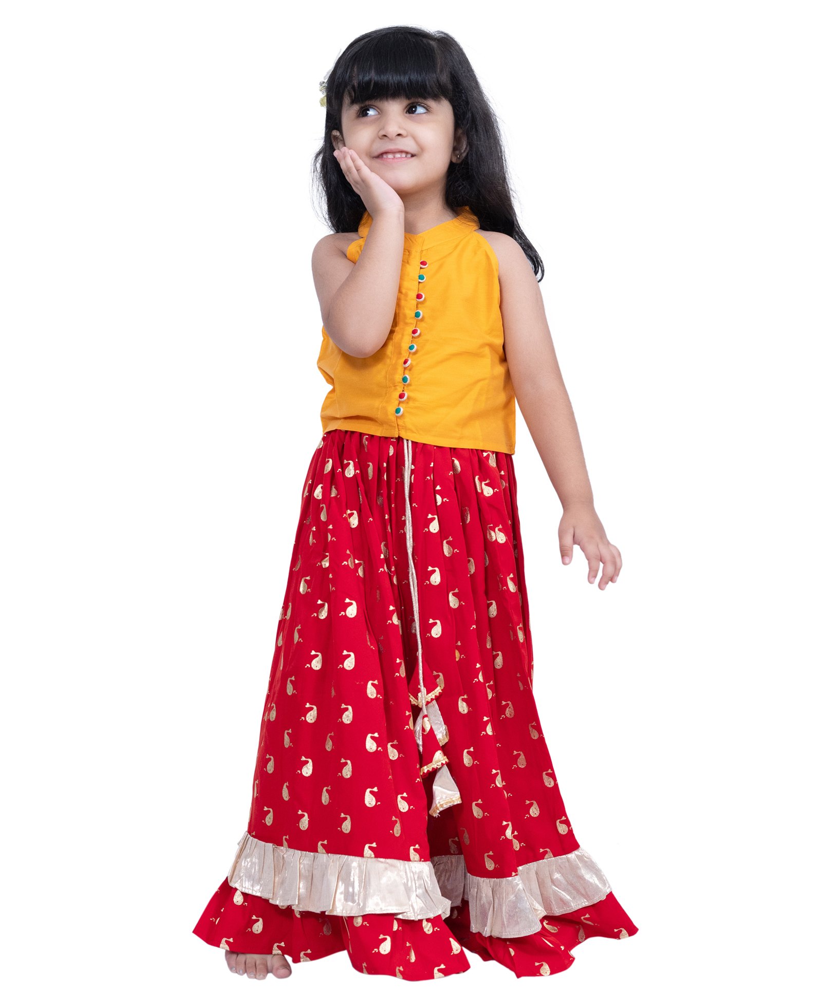 Twisha Woven Sleevless Whale Foil Printed Lehenga & Choli Set - Yellow & Red-image-45