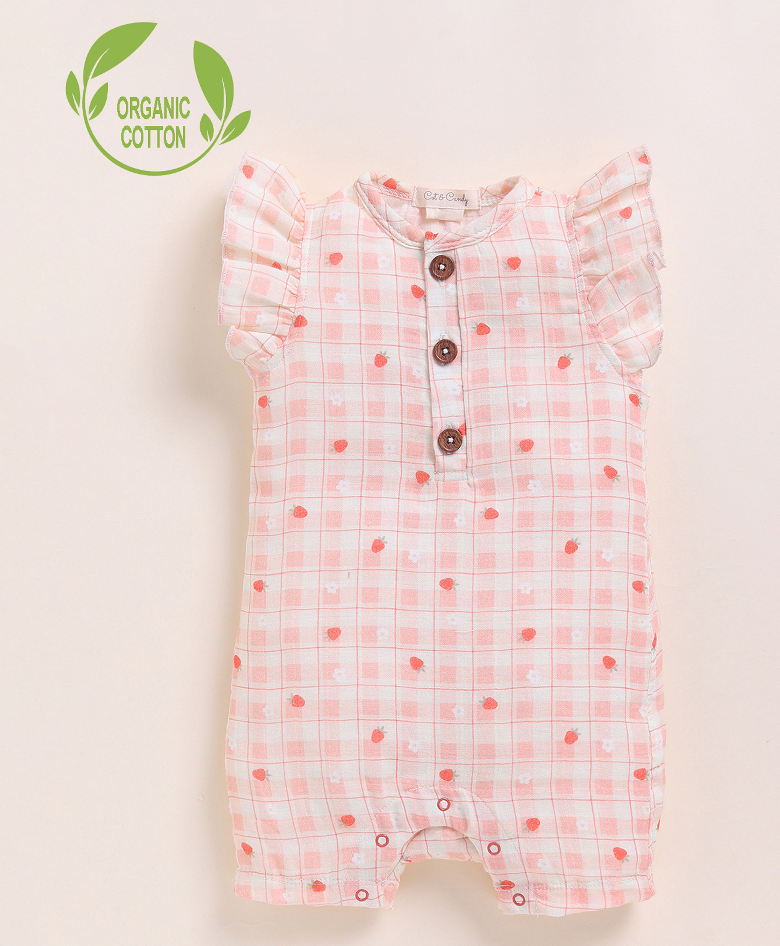Cot & Candy Organic Muslin Cotton Knit Frill Sleeves Checked & Floral Printed Romper - Strawberry-picture-18
