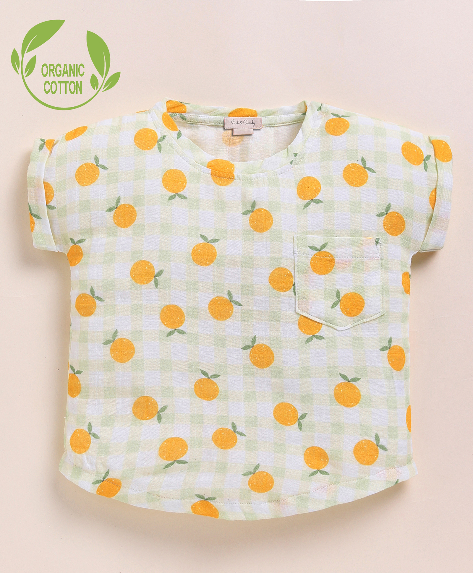 Cot & Candy Organic Muslin Cotton Knit Half Sleeves Checked & Oranges Printed Top - Orange-picture-33