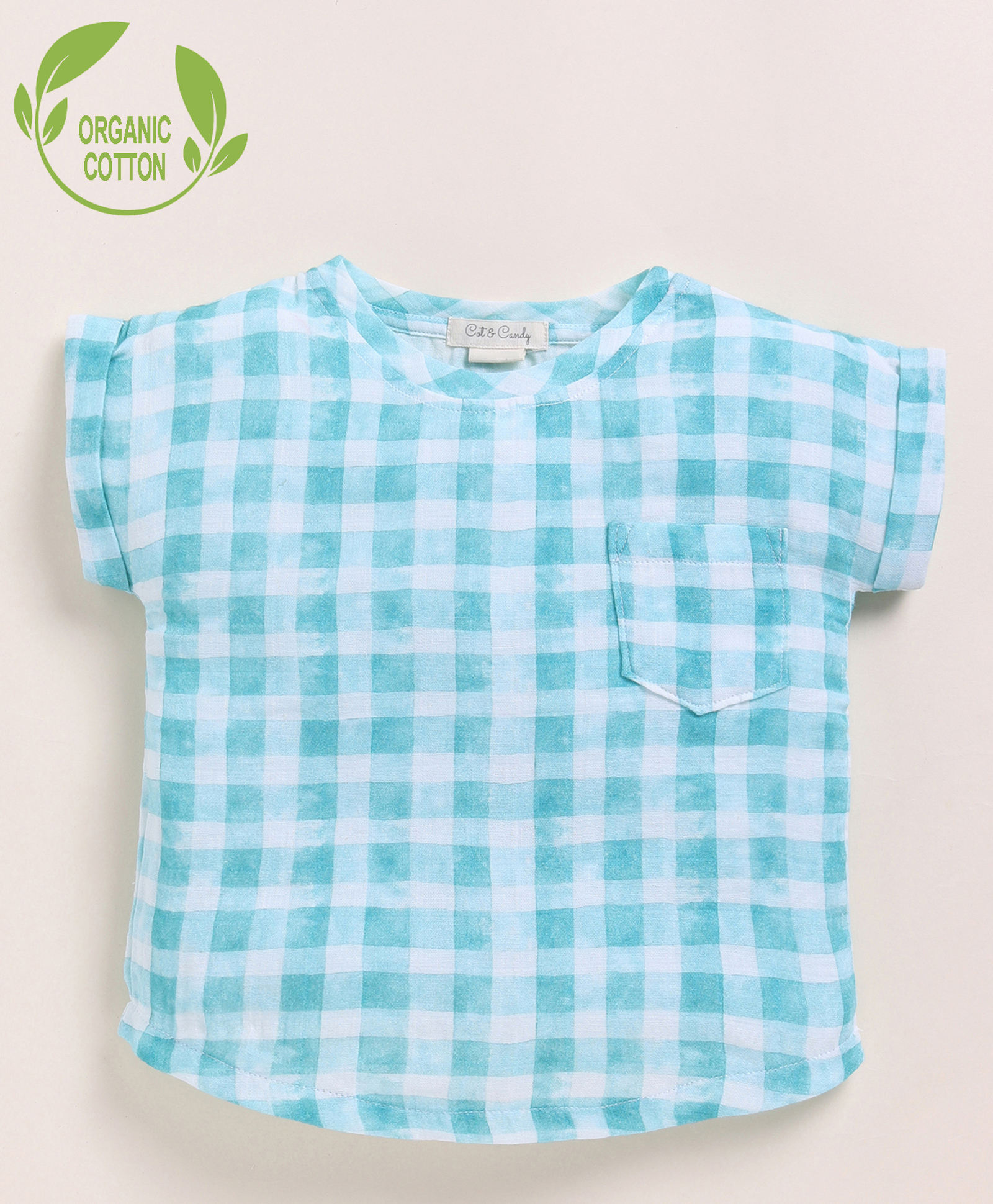 Cot & Candy Organic Muslin Cotton Knit Half Sleeves Checked Top - Teal-picture-31