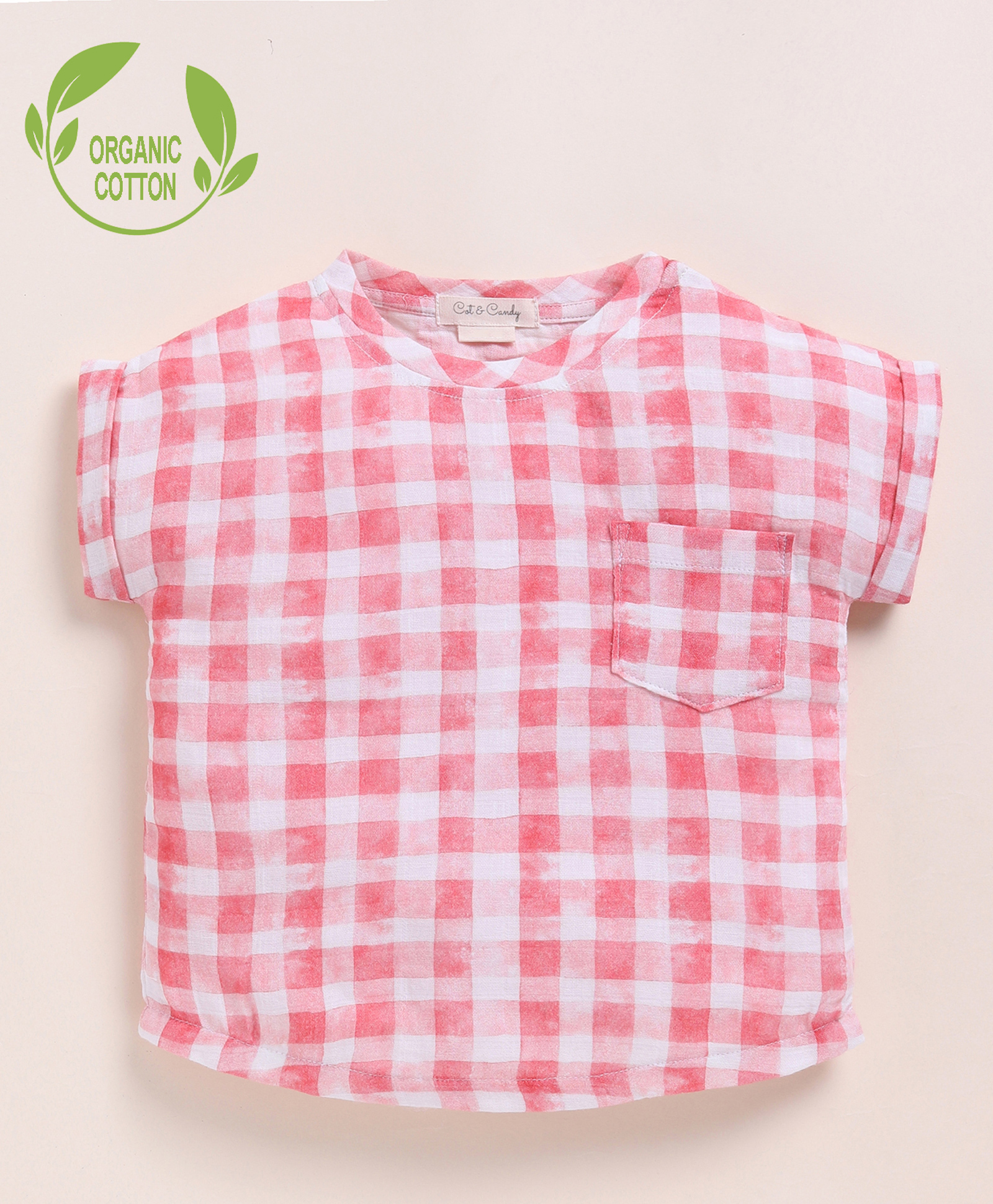 Cot & Candy Organic Muslin Cotton Knit Half Sleeves Checked Top - Pink-picture-30