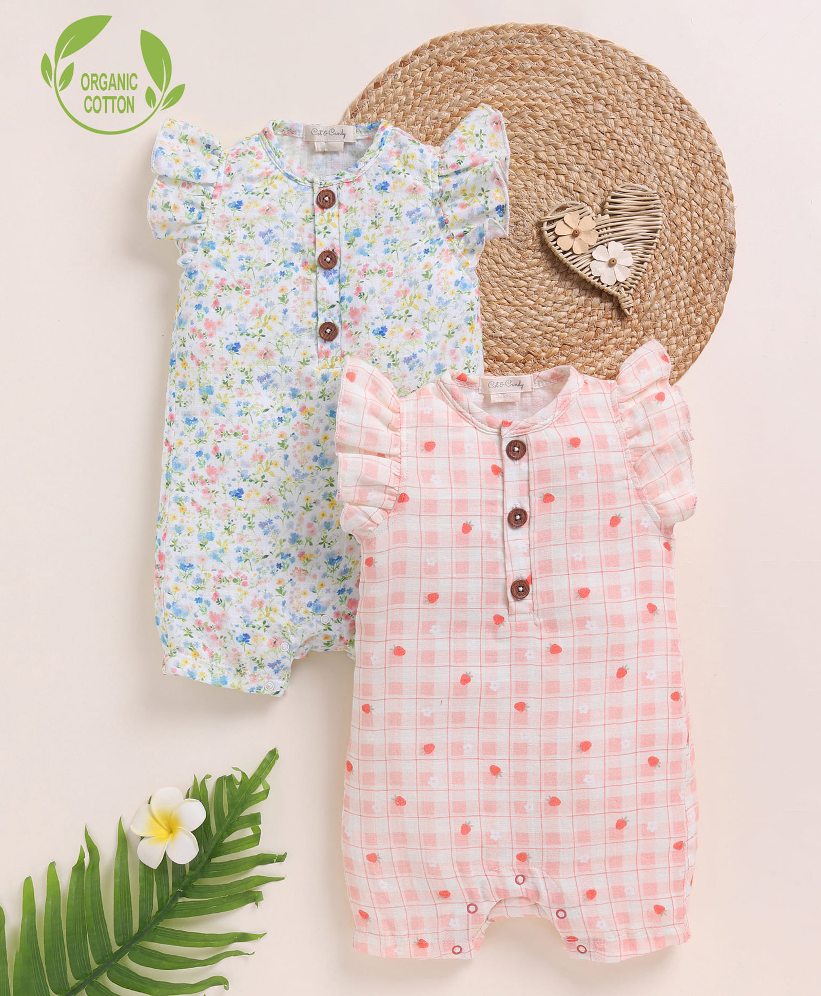 Cot & Candy Organic Muslin Cotton Knit Pack Of 2 Frill Sleeves Checked & Floral Printed Rompers - Strawberry & Spring-picture-10
