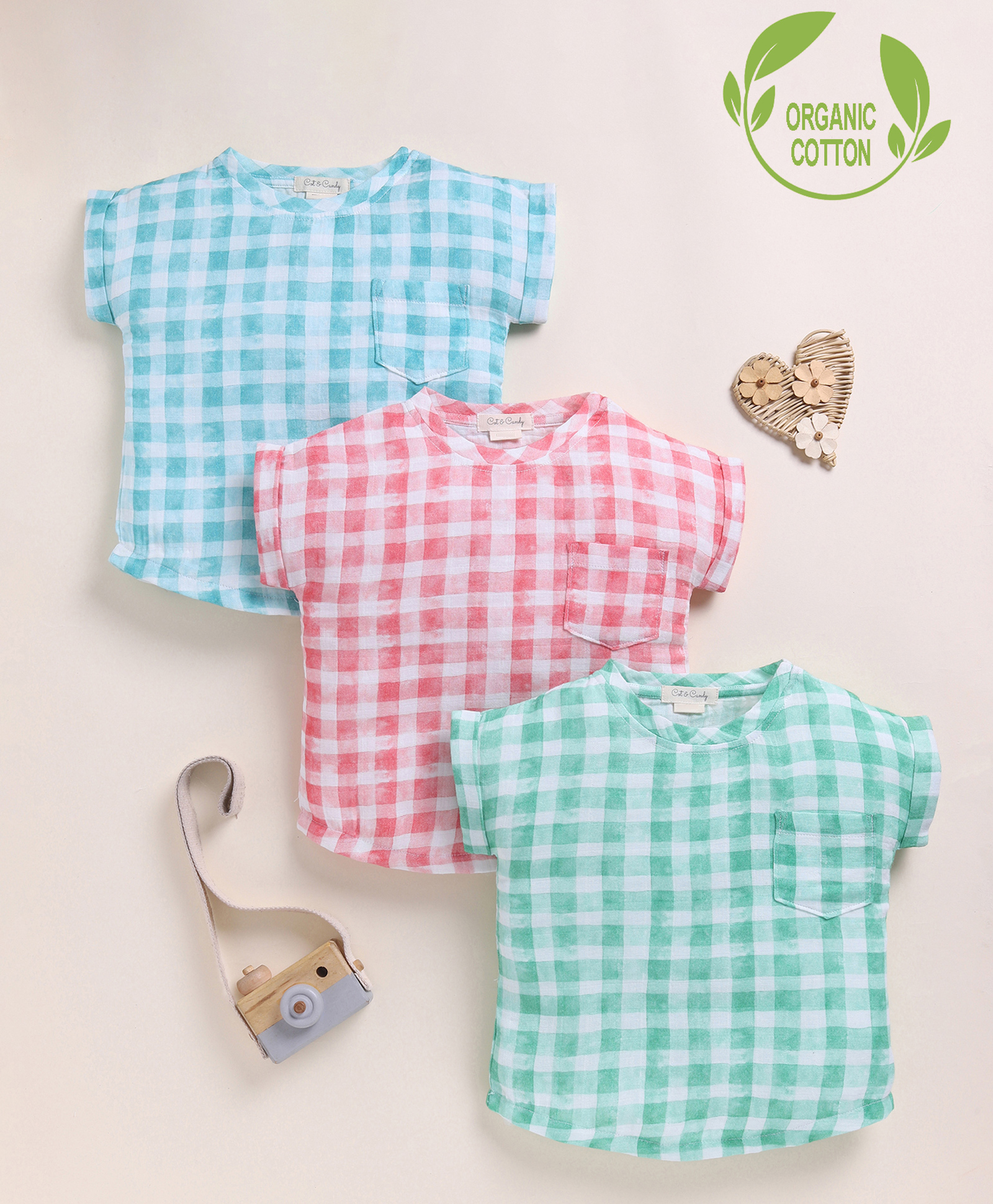 Cot & Candy Organic Muslin Cotton Knit Pack Of 3 Half Sleeves Checked Tops - Teal Pink & Sage Green-picture-32